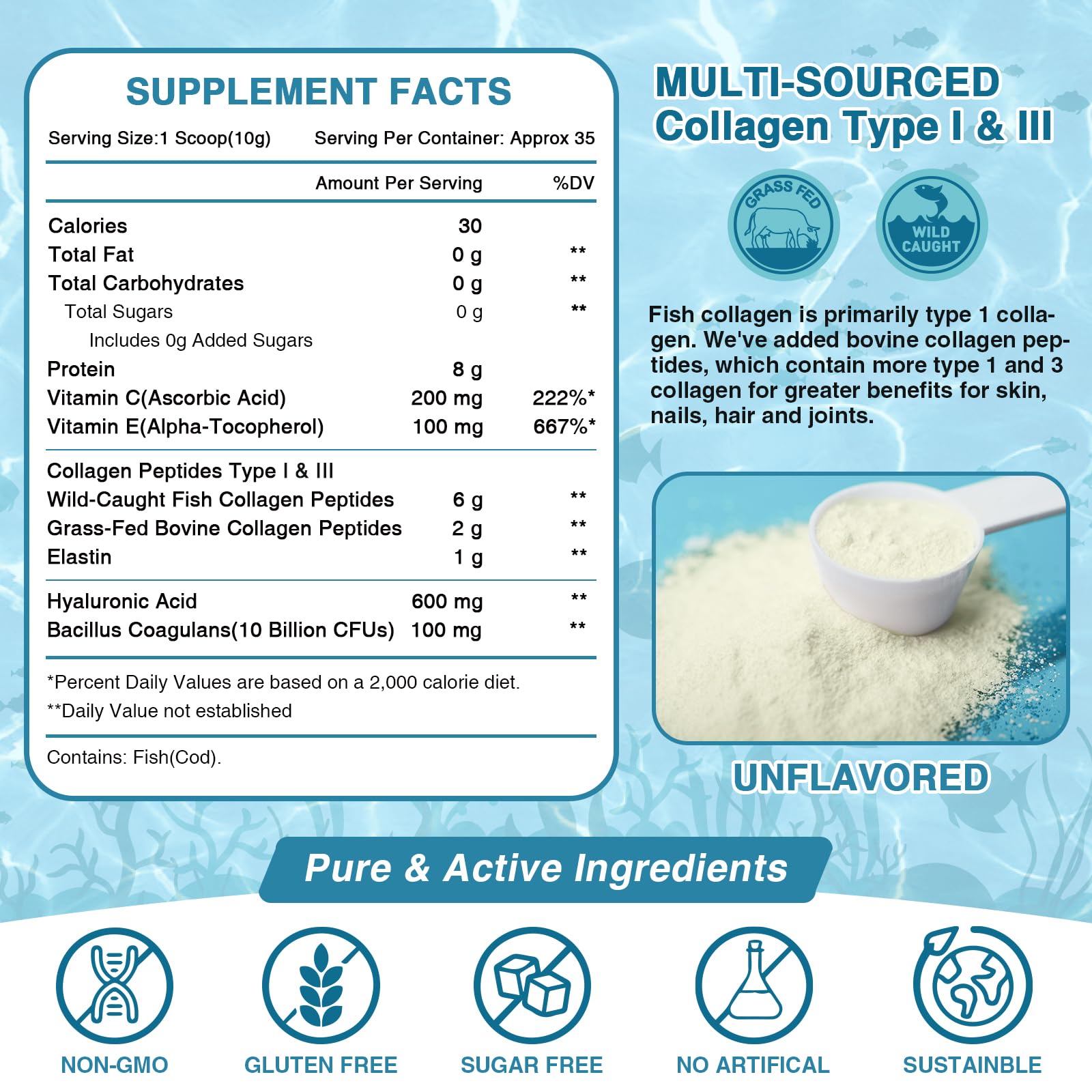 NATURE TARGET Marine Collagen Peptides Powder - Type I & III Collagen with Probiotics, Vitamin C & Hyaluronic Acid for Skin, Hair, Nails, Wild-Caught Fish & Grass-Fed Bovine, 35 Servings (Pack of 2)