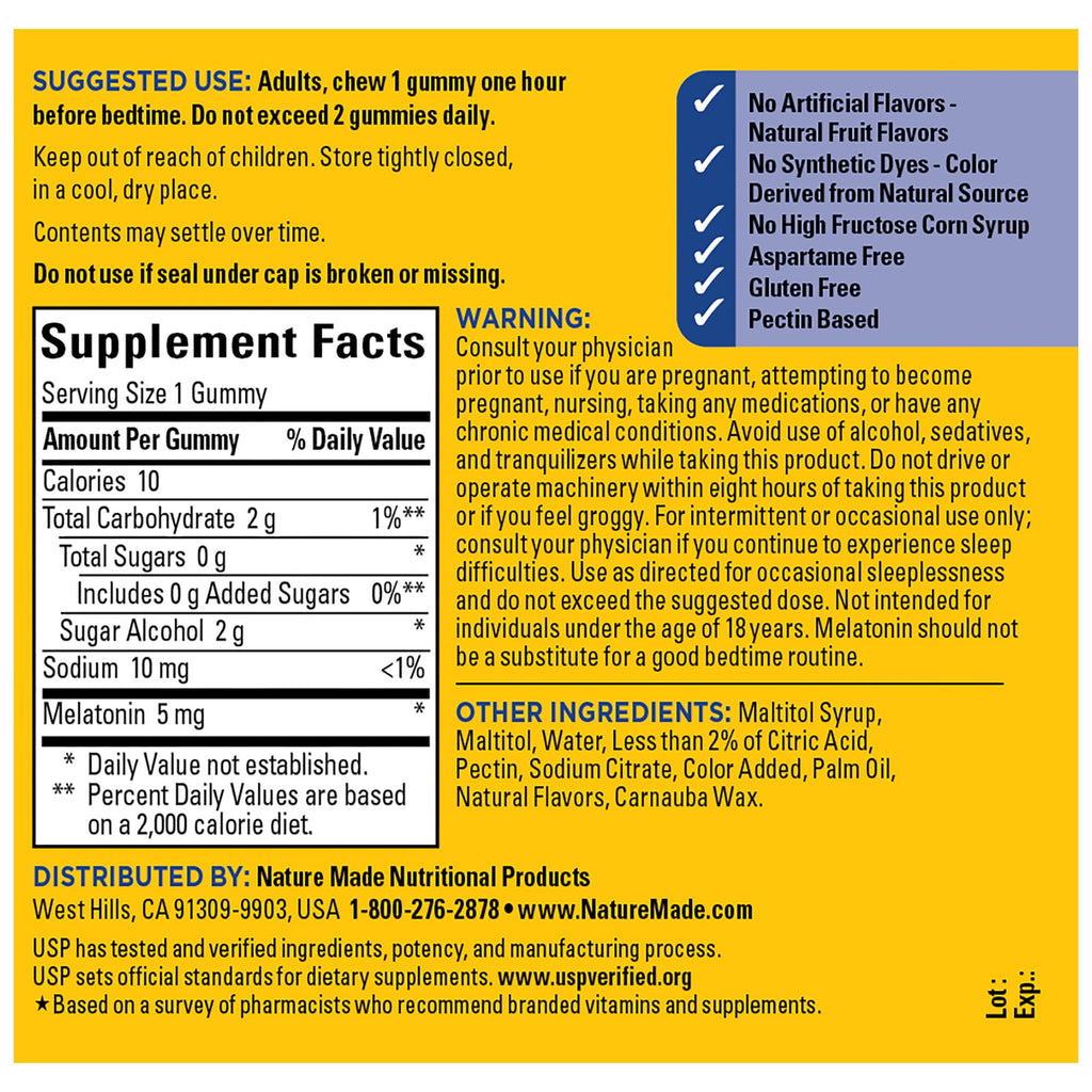 Nature Made Zero Sugar Melatonin 5mg Sleeping Gummies for Adults Extra Strength,100% Drug & Aspartame Free,70 Sugar-Free Melatonin Gummies,70 Day Supply,(Pack of 2)