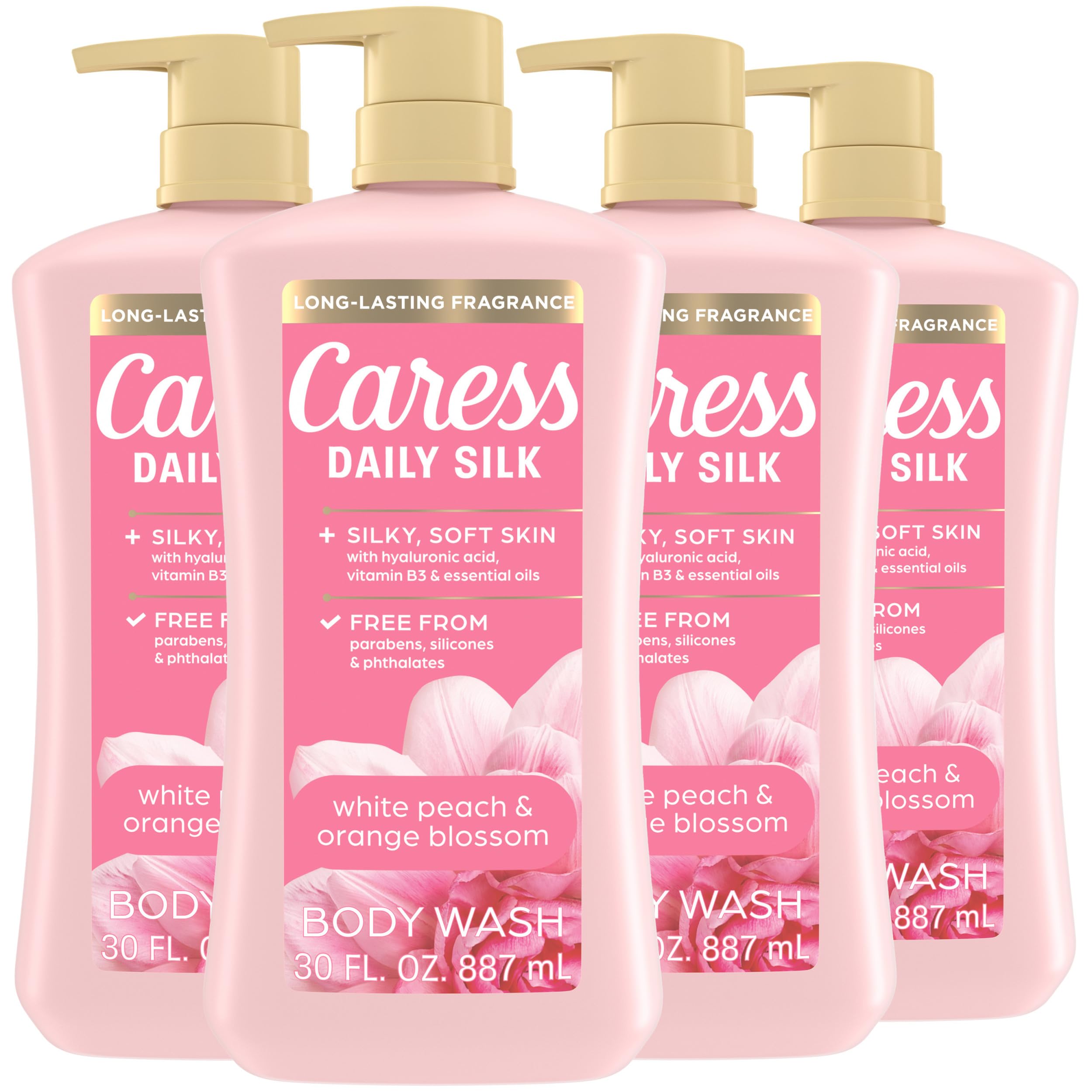 Caress Body Wash for Women, Daily Silk White Peach & Orange Blossom, Shower Gel Body Wash Moisturizing for Noticeably Silky, Soft Skin, 20 fl oz, 4 Pack