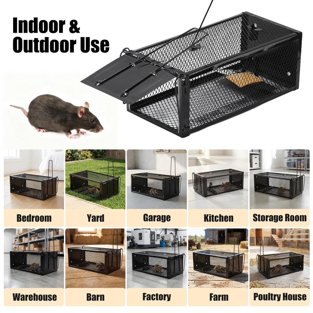 2 Pack Humane Rat Traps 12.5"x5.5"x4.5", Reusable Mouse Traps for Indoor/Outdoor Use, No-Kill Live Capture for Chipmunks, Rats, Mice