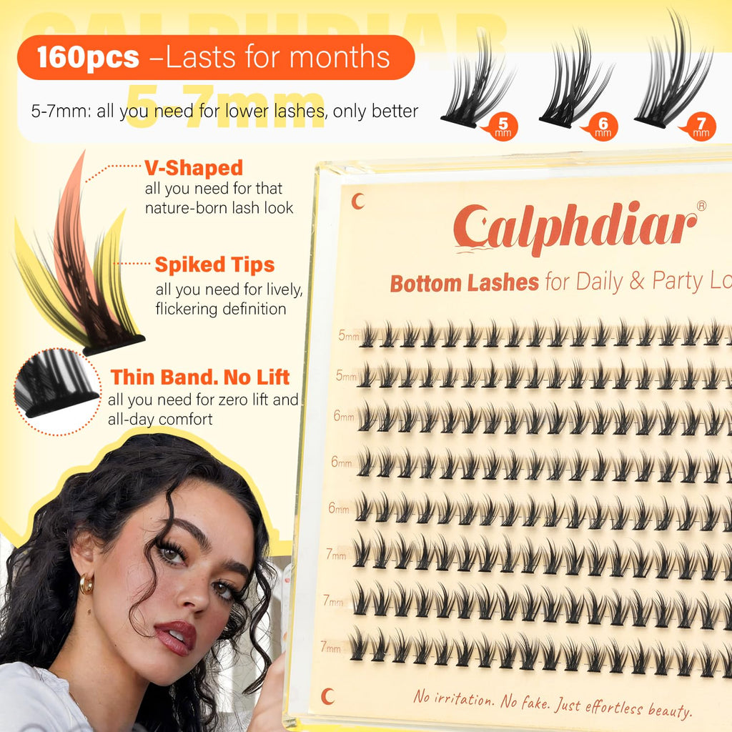 Calphdiar Bottom Lash Clusters with 160 pieces, featuring V-shaped spikes for natural beauty and no irritation, perfect for daily wear.