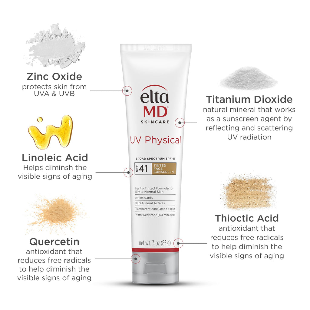 EltaMD UV Physical Tinted 100% Mineral Face Sunscreen, SPF 40 and 41 | Formulated with Antioxidants, 100% Mineral Actives, Transparent Zinc Oxide Finish, Water Resistant Up to 40 Minutes