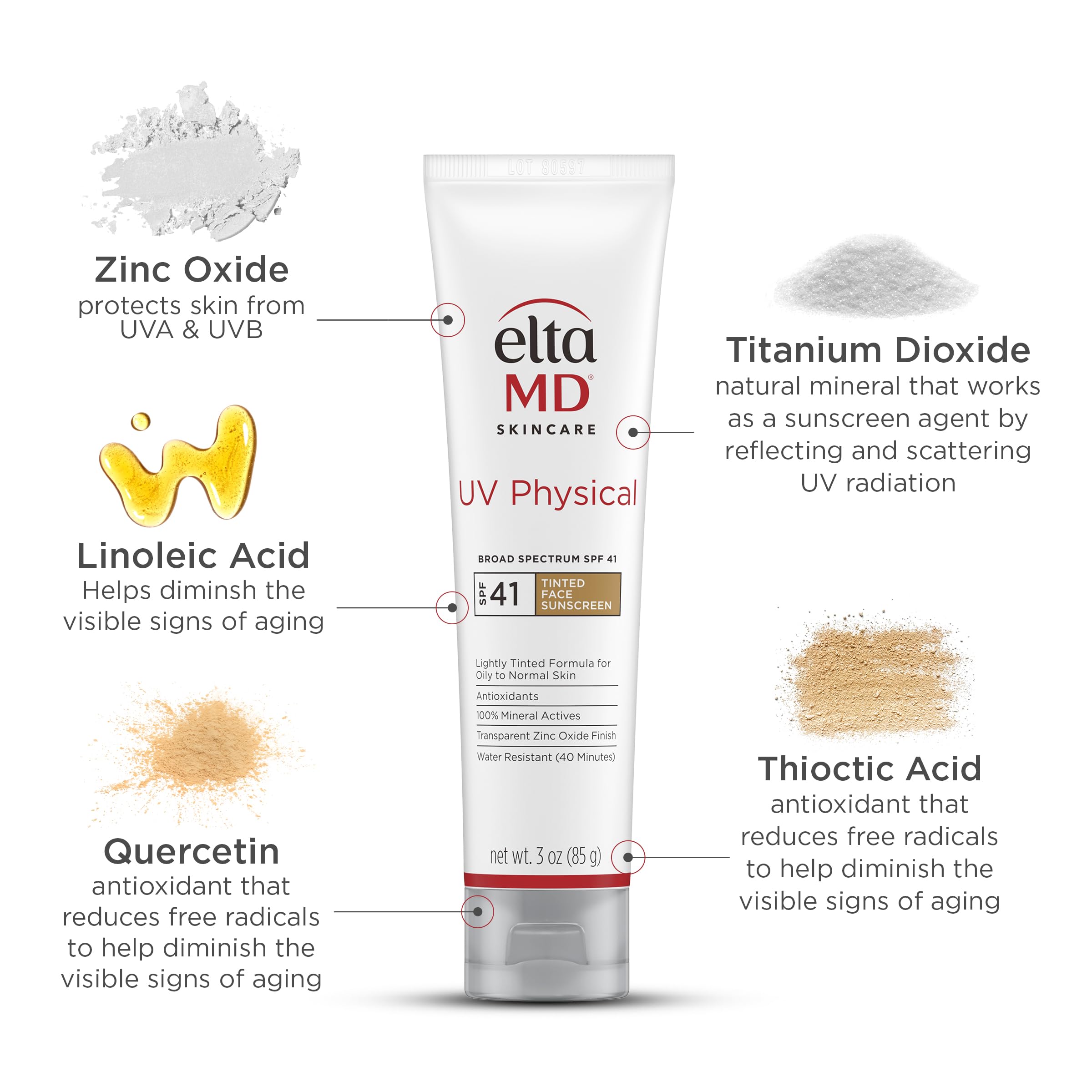 EltaMD UV Physical Tinted 100% Mineral Face Sunscreen, SPF 40 and 41 | Formulated with Antioxidants, 100% Mineral Actives, Transparent Zinc Oxide Finish, Water Resistant Up to 40 Minutes