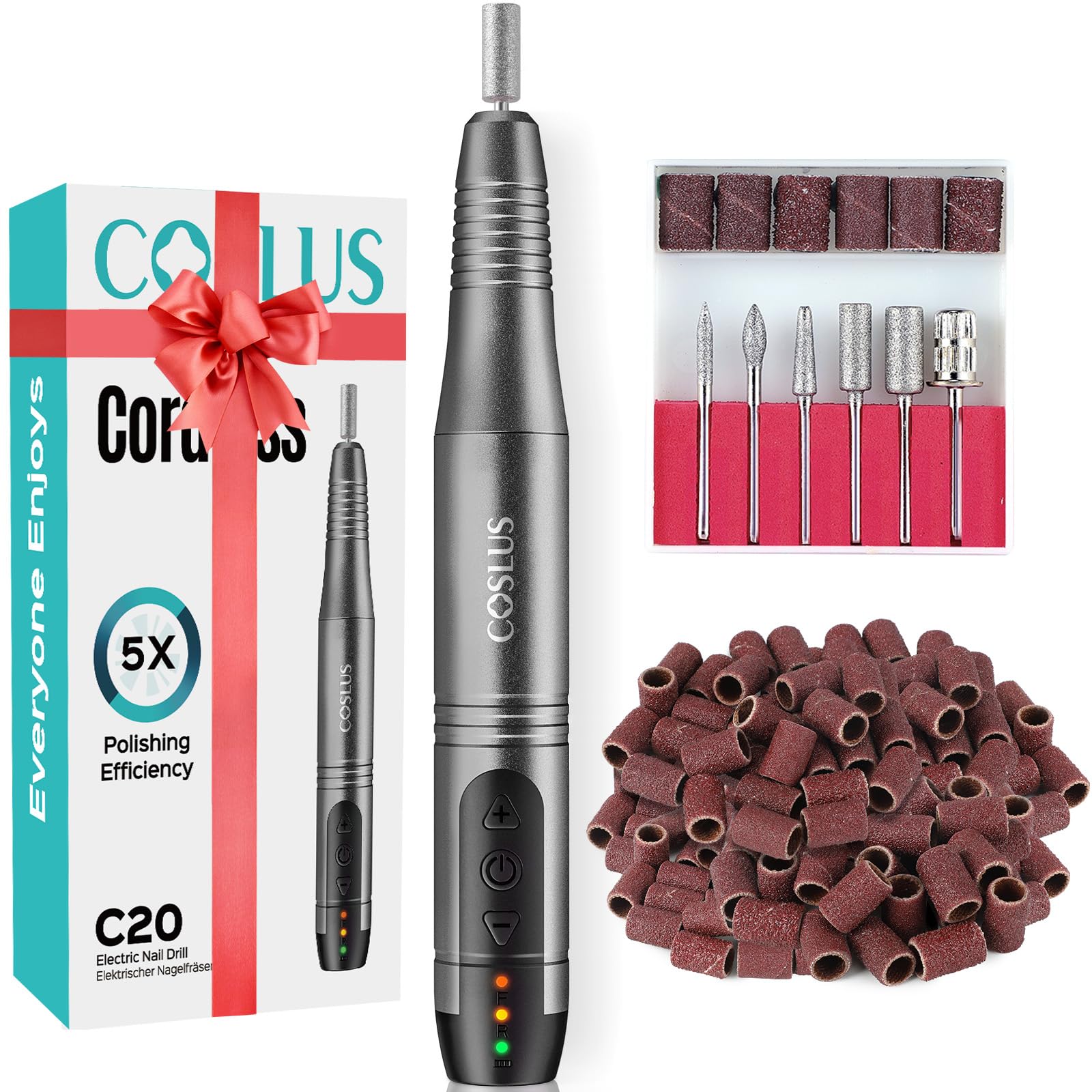 COSLUS C20 Cordless Nail Drill Electric File: Portable All-in-One Kit | Professional for Acrylic Gel Dip Powder Nails, Rechargeable Manicure & Pedicure Machine, Salon Home, Lightweight, Purple