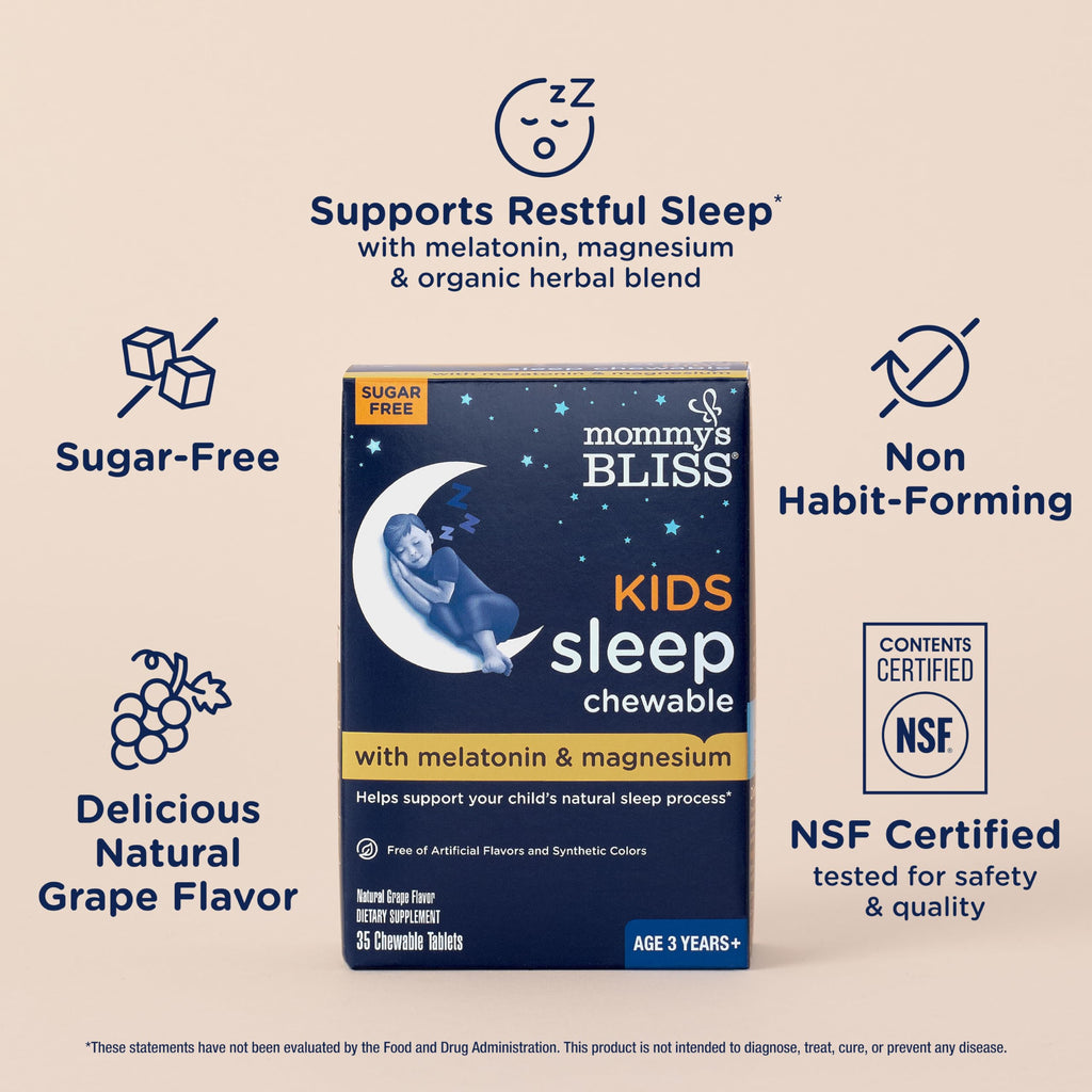 Mommy's Bliss Kids Sleep Support Melatonin Chewable, Grape Flavor, 35 Ct | Tablets; Calming Herbs; Sugar Free Kids Melatonin, Age 3+; 35 Count (Pack of 1)