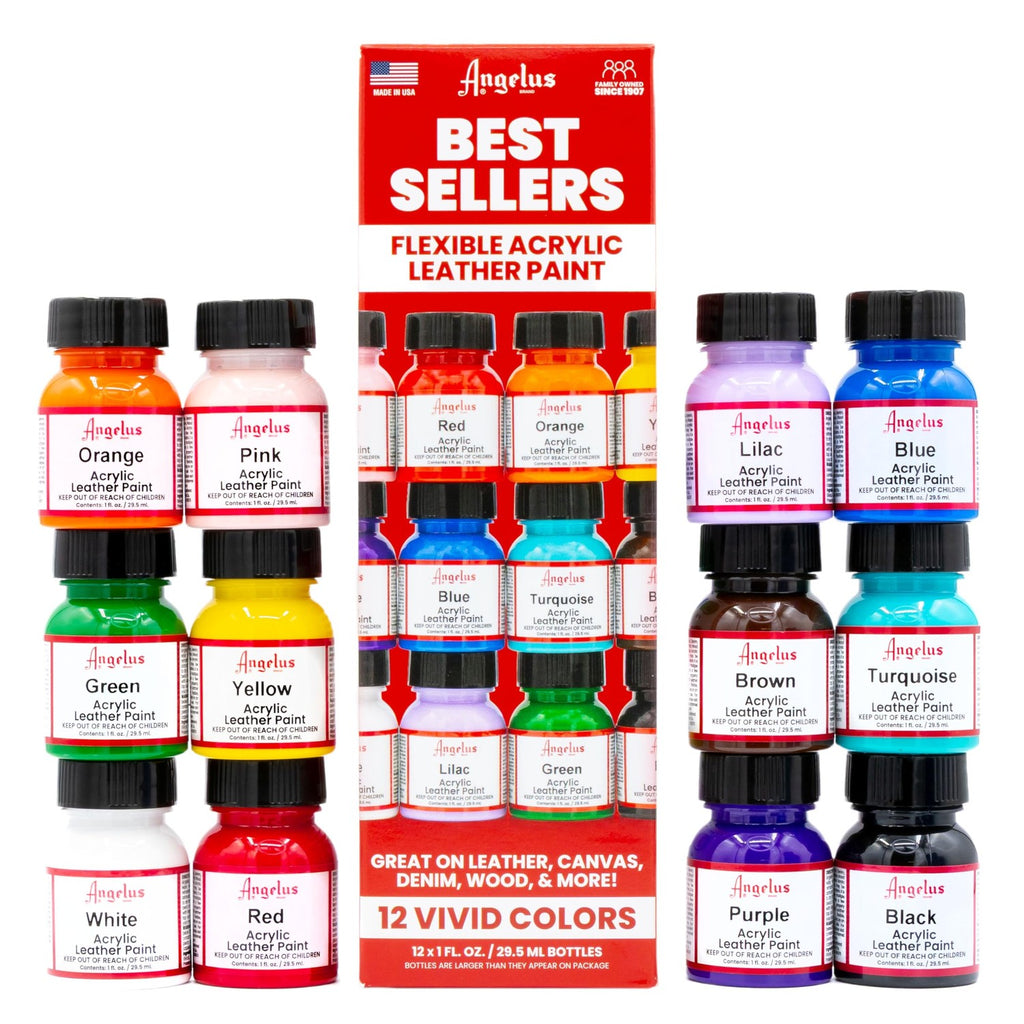 Angelus Acrylic Leather Paint, Best Sellers Kit, Flexible Paint For Shoes, Sneakers, Leather, Canvas, Furniture, and More - 12 Colors (1 oz Each)