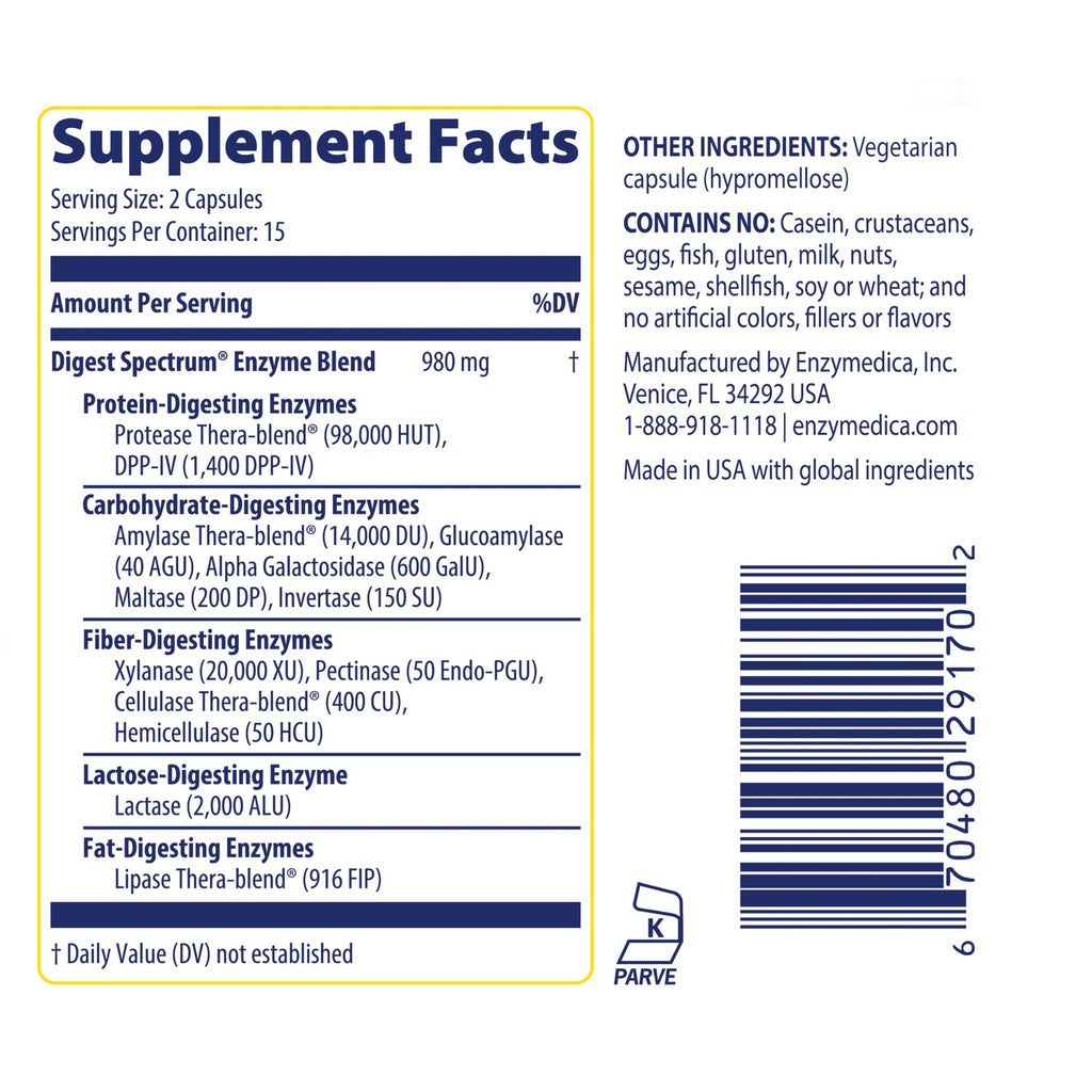 Enzymedica Digest Spectrum - Helps Gas & Bloating - 30 Capsules | Digestive Enzyme Supplement for Women & Men, Enzymes for Digestion, Gut Health, & Multiple Food Intolerances