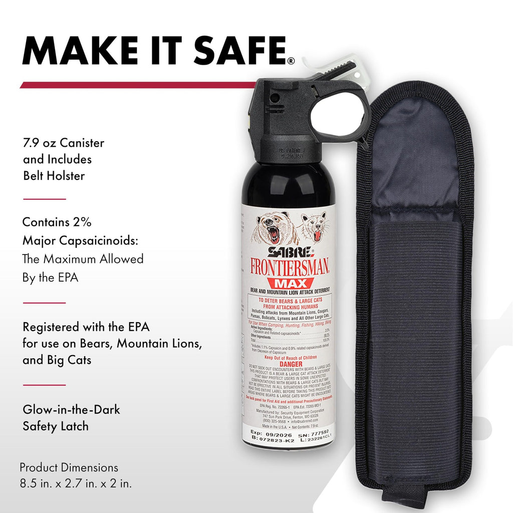 Sabre Frontiersman MAX Bear Spray & Mountain Lion Deterrent, Holster, Bell Kit – 40‑Foot Range, Max Strength 2% Major Capsaicinoids, EPA‑Registered, Self Defense for Hiking, Camping & Hunting, 7.9 oz