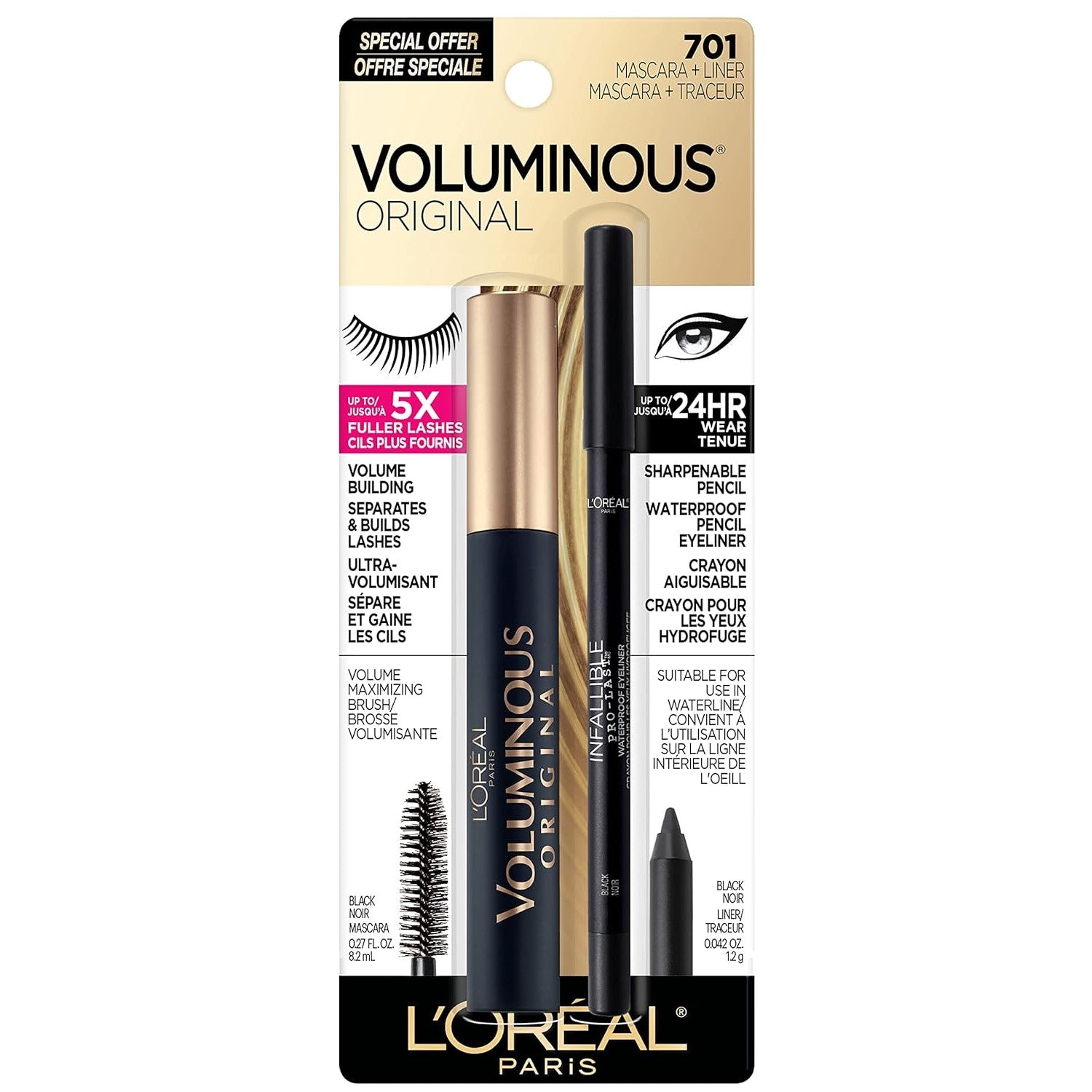 Buy now L'OrÃ©al Paris Voluminous Original Mascara, Black, 0.28 fl. oz. Black + Black Kit (Pack of 1) at indiglob india