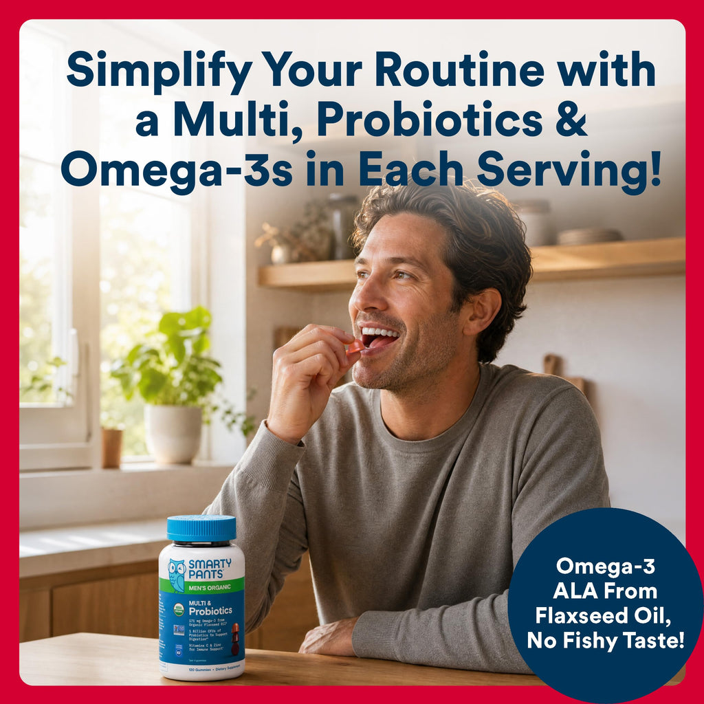 SmartyPants Multivitamin for Men, Organic Gummies: Probiotics, CoQ10, Methylfolate, Omega 3 (ALA), Vitamin D3, C, Vitamin B12, B6, A, K & Zinc for Immune Support, Biotin, 120 Gummies (30 Day Supply)