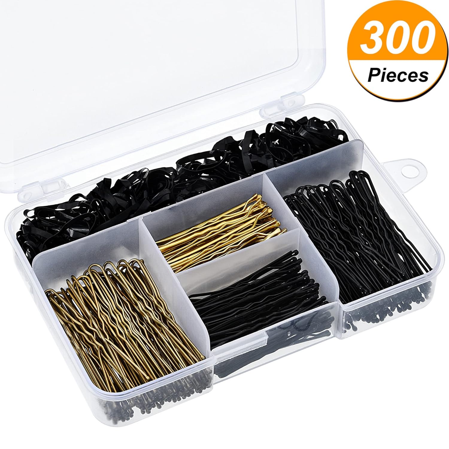 Buy now Hicarer 300 Pcs Hair Pins Set Including 100 Pcs Bobby Pins 100 Pcs U Hair Pins and 100 Pcs Rubber Hair Bands with Storage Box for All Hair Types Girls Women Gift, Black and Gold at indiglob india