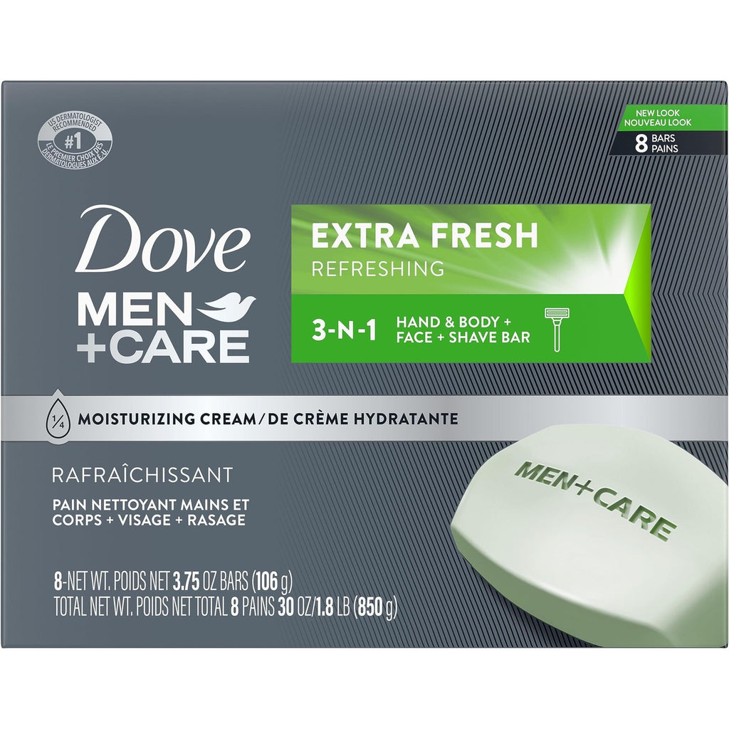 DOVE MEN + CARE 3 in Cleanser for Body, Face, and Shaving 1 Bar 3.75 oz | For dry skin, Helps cleanse and hydrate, With 1/4 moisturizing cream, For face body + shave, Extra Fresh scent