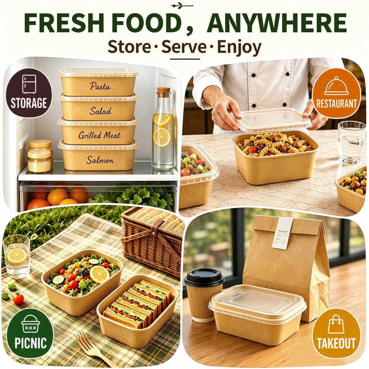 60 Pack 29OZ Disposable Meal Prep Containers, Paper Bowls With Lids