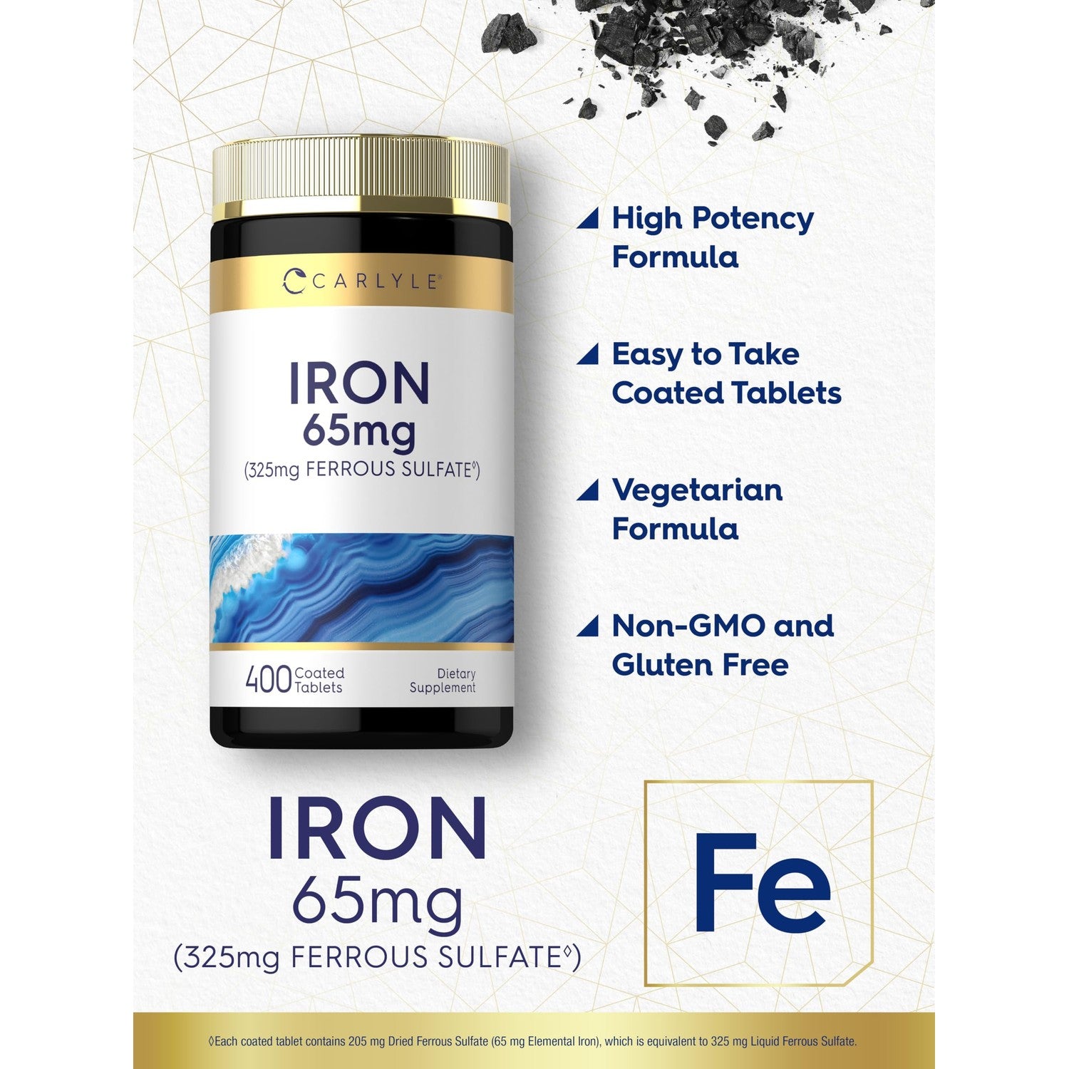 Carlyle Iron Ferrous Sulfate 325mg, 65 mg | 400 Tablets | Non-GMO, Gluten Free, and Vegetarian Supplement | High Potency