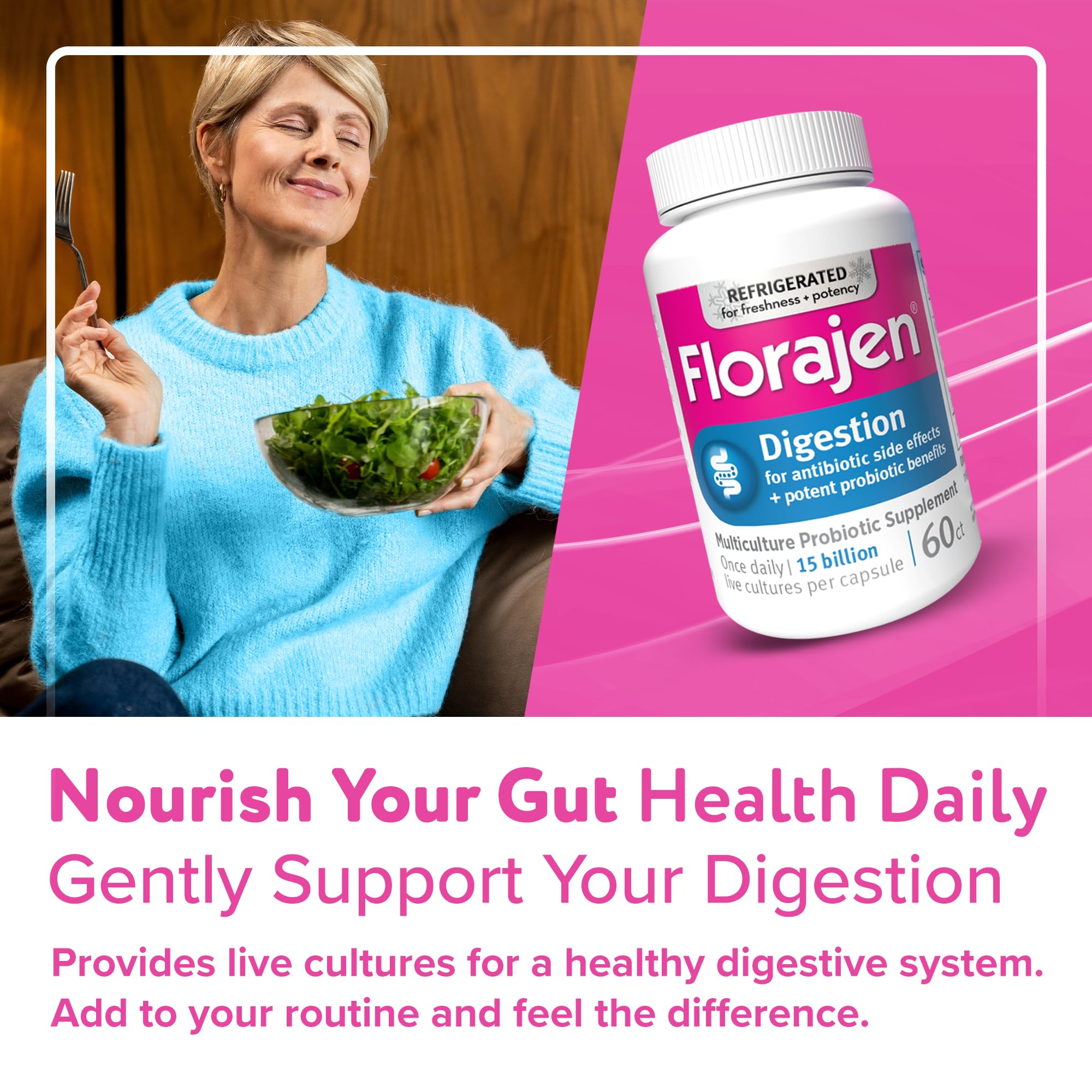Florajen Digestion Probiotic, Advanced Relief, 60 Capsules | Gas, Bloating, & Constipation, Lactobacillus for Gut Health, Regularity, & Balanced Flora, Refrigerated Potency & Freshness