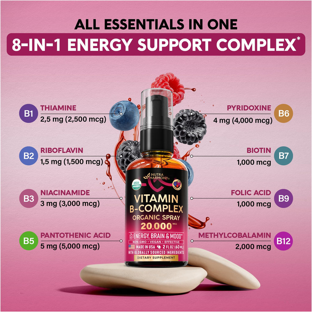 USDA Organic Vitamin B-Complex 20000mcg - B5, B12, B1, B6, B7, B9, B3 - 2Oz