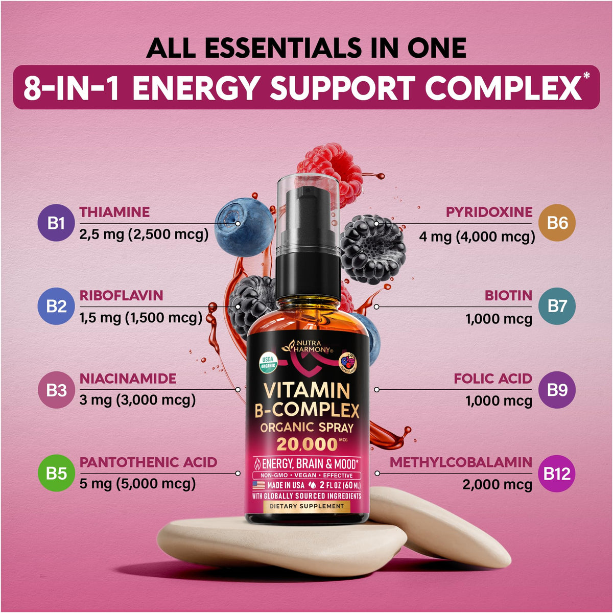 USDA Organic Vitamin B-Complex 20000mcg - B5, B12, B1, B6, B7, B9, B3 - 2Oz