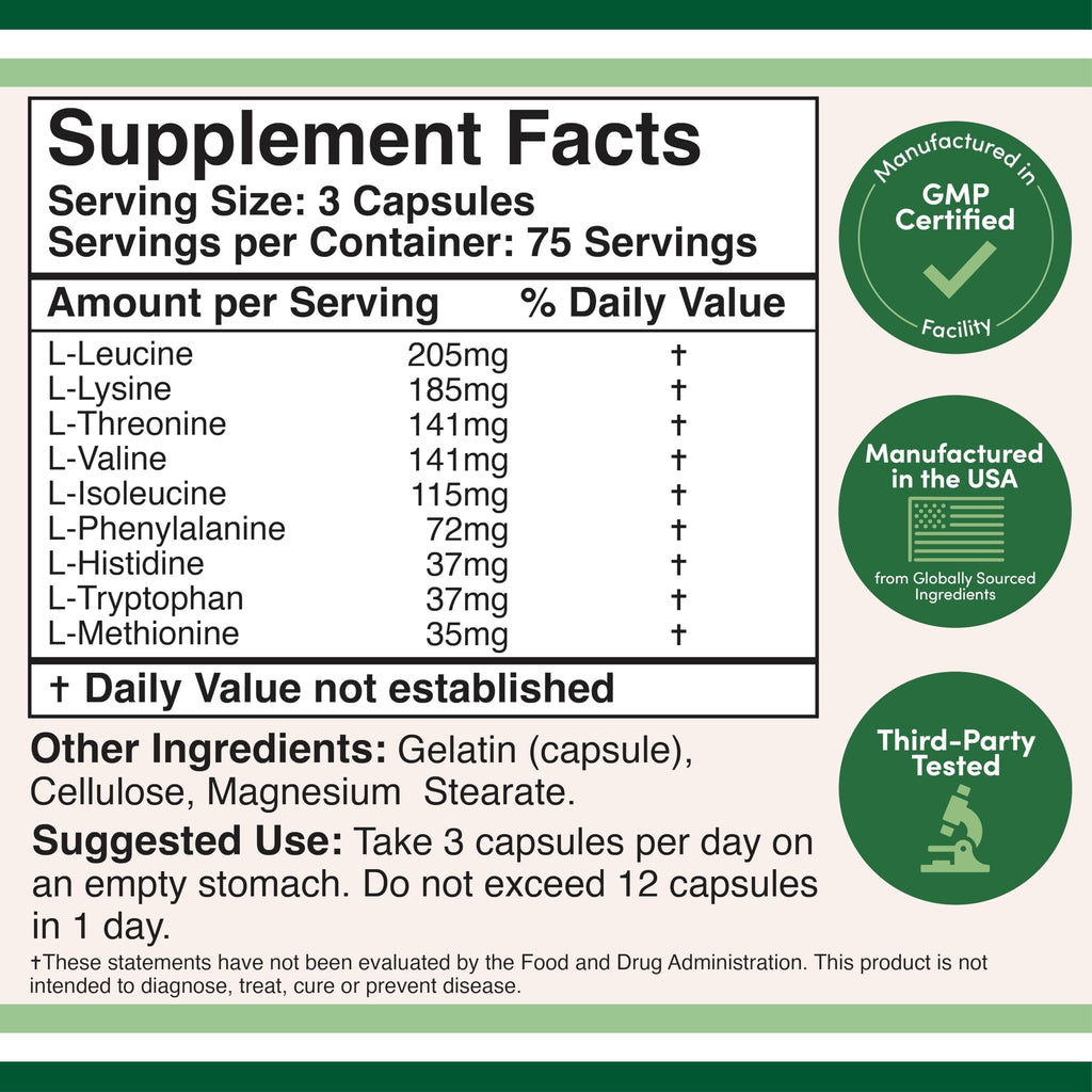 EAA Capsules, All 9 Amino Acids + BCAAs, Workout + Muscle Recovery, 225 Ct | Complete Essential Amino Acids Supplement, No Proprietary Blend, Steady Endurance + Post Workout Recovery, Tasteless Capsules