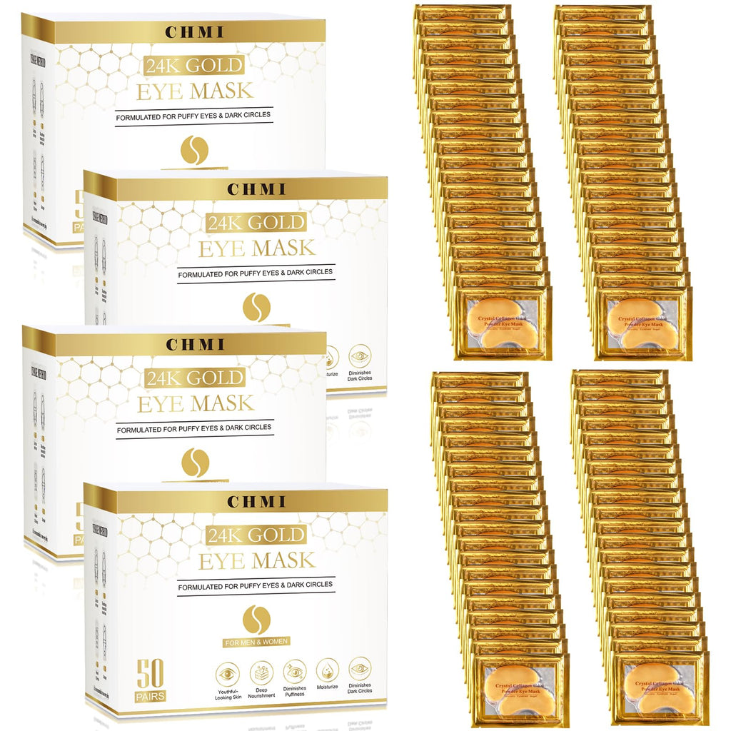 CHMI 24K Gold Under Eye Patches 50 Pairs Collagen, Dark Circles, Wrinkles | Puffy looking eyes, collagen skin care, hydrating eye mask, hydrogel, hyaluronic acid, vitamin E, men & women, travel, gift