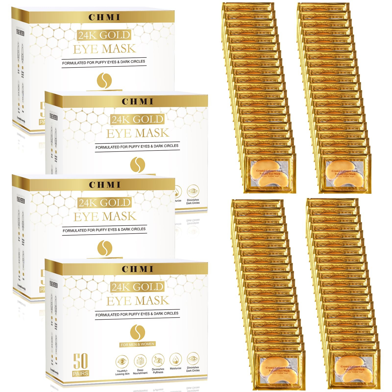 CHMI 24K Gold Under Eye Patches 50 Pairs Collagen, Dark Circles, Wrinkles | Puffy looking eyes, collagen skin care, hydrating eye mask, hydrogel, hyaluronic acid, vitamin E, men & women, travel, gift