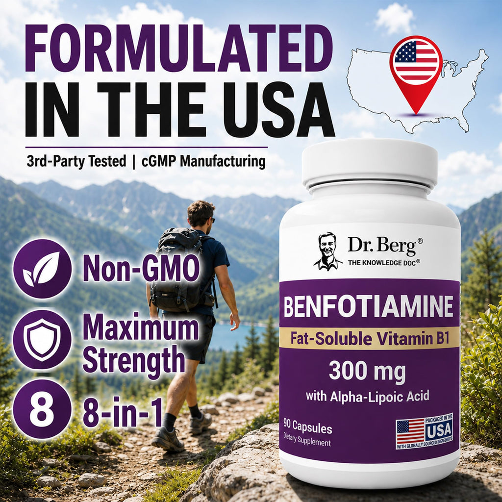 Dr. Berg Vitamin B1 Benfotiamine 300mg | 8-in-1 Nerve Support | 90 Capsules