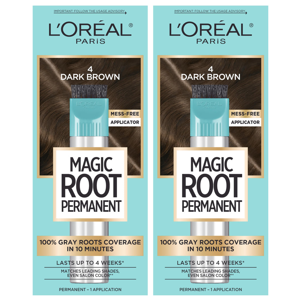Buy now L'Oreal Paris Magic Root Rescue 10 Minute Root Hair Coloring Kit, Permanent Hair Color with Quick Precision Applicator, 100 percent Gray Coverage, 4 Dark Brown, 2 count at indiglob india