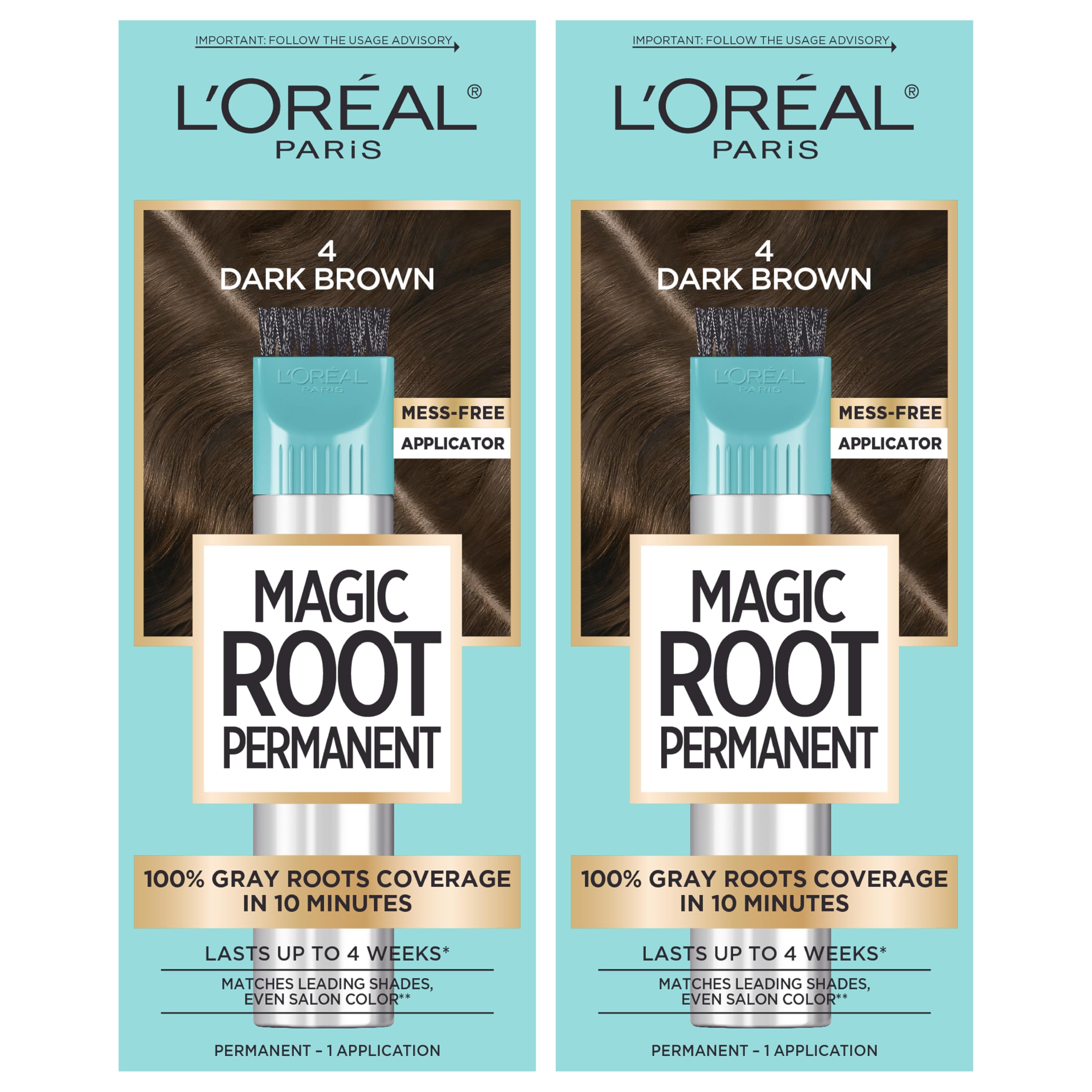 Buy now L'Oreal Paris Magic Root Rescue 10 Minute Root Hair Coloring Kit, Permanent Hair Color with Quick Precision Applicator, 100 percent Gray Coverage, 4 Dark Brown, 2 count at indiglob india