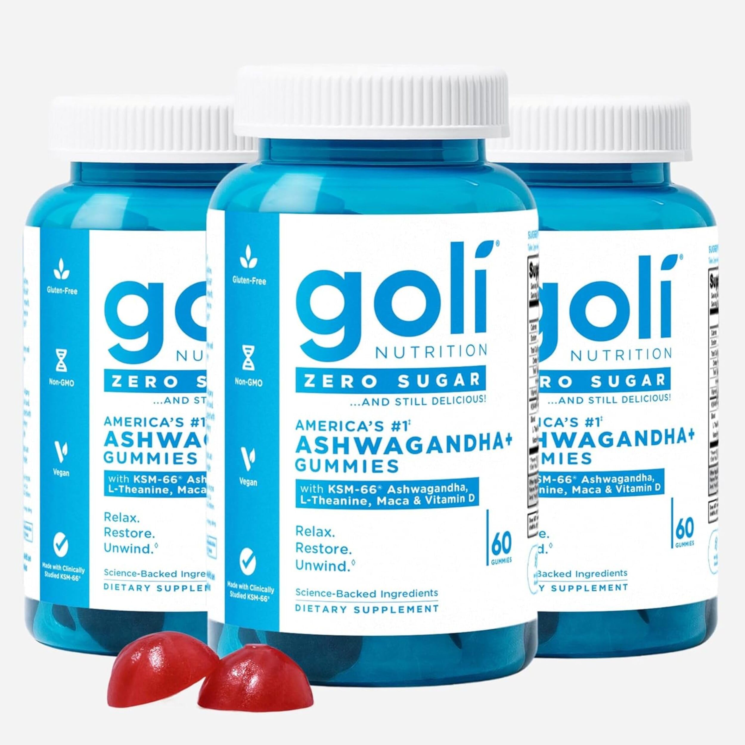 Goli Zero Sugar Ashwagandha Gummies with KSM-66, L-Theanine, Maca and Vitamin D - No Sugar Alcohols - Vegan, Keto-Friendly, Non-GMO