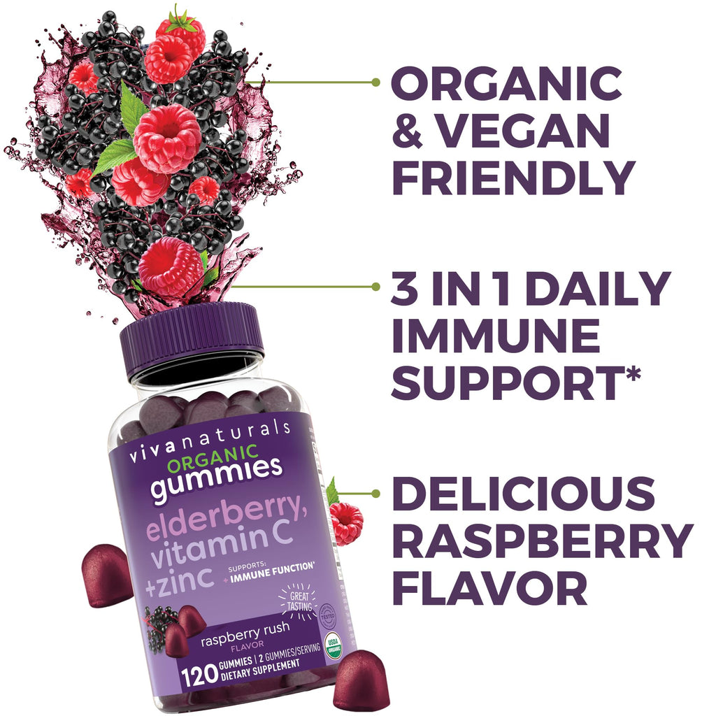 Viva Naturals Black Elderberry Vitamin C and Zinc Immune Support Gummies for Adults, Sambucus Elderberry Gummies with Raspberry Rush Flavor, USDA Organic, Non-GMO, (120 Count)