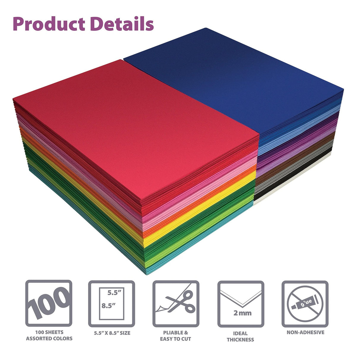 Better Office Products Foam Sheets, 100 Pack EVA Craft Foam, 5.5 x 8.5 Inch, 2mm Thick, 20 Assorted Colors, Durable Foam Sheets for Arts Crafts DIY Projects School Supplies