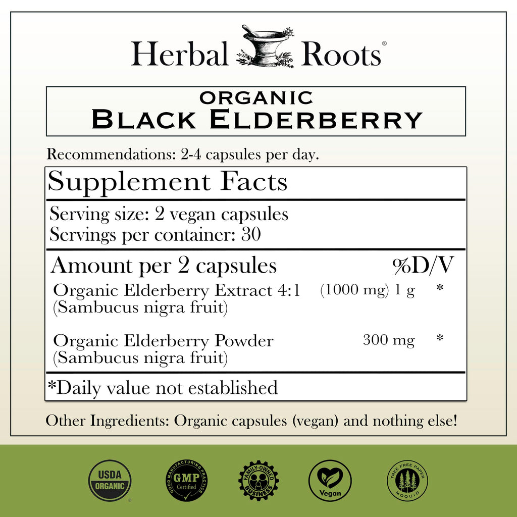 Herbal Roots Organic Black Elderberry Capsules - Max Strength - USDA Certified Organic - Immune Support - 60 Vegan Capsules