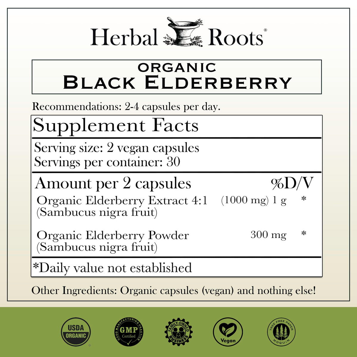 Herbal Roots Organic Black Elderberry Capsules - Max Strength - USDA Certified Organic - Immune Support - 60 Vegan Capsules