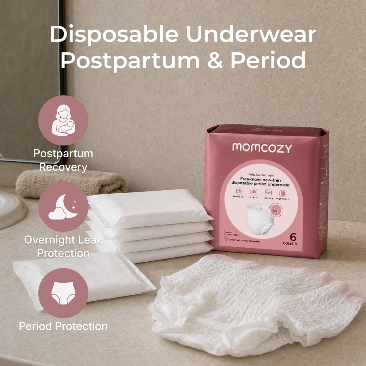 Momcozy Postpartum Disposable Underwear, 12 PCS No Leak New-Thin Built-in Pad Self-Absorbent Free-Move Period Underpants for Women Mothers Moms Labor Delivery Care White