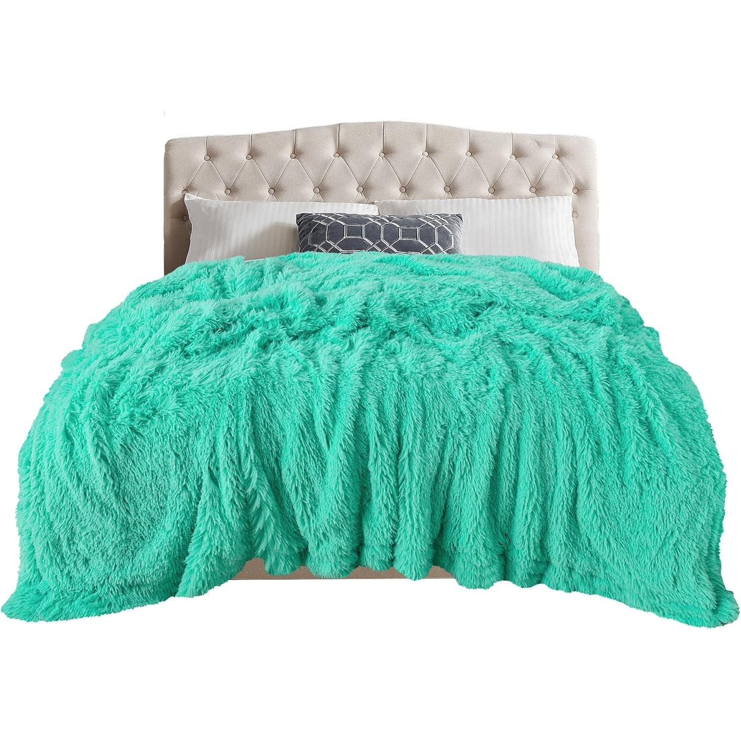 Buy now TOONOW Extra Soft Fuzzy Faux Fur Throw Blanket 50"x60", Reversible Lightweight Fluffy Cozy Plush Comfy Microfiber Fleece Decorative Shaggy Blanket for Couch Sofa Bed, Pure White 78"x90" Turquoise at indiglob india