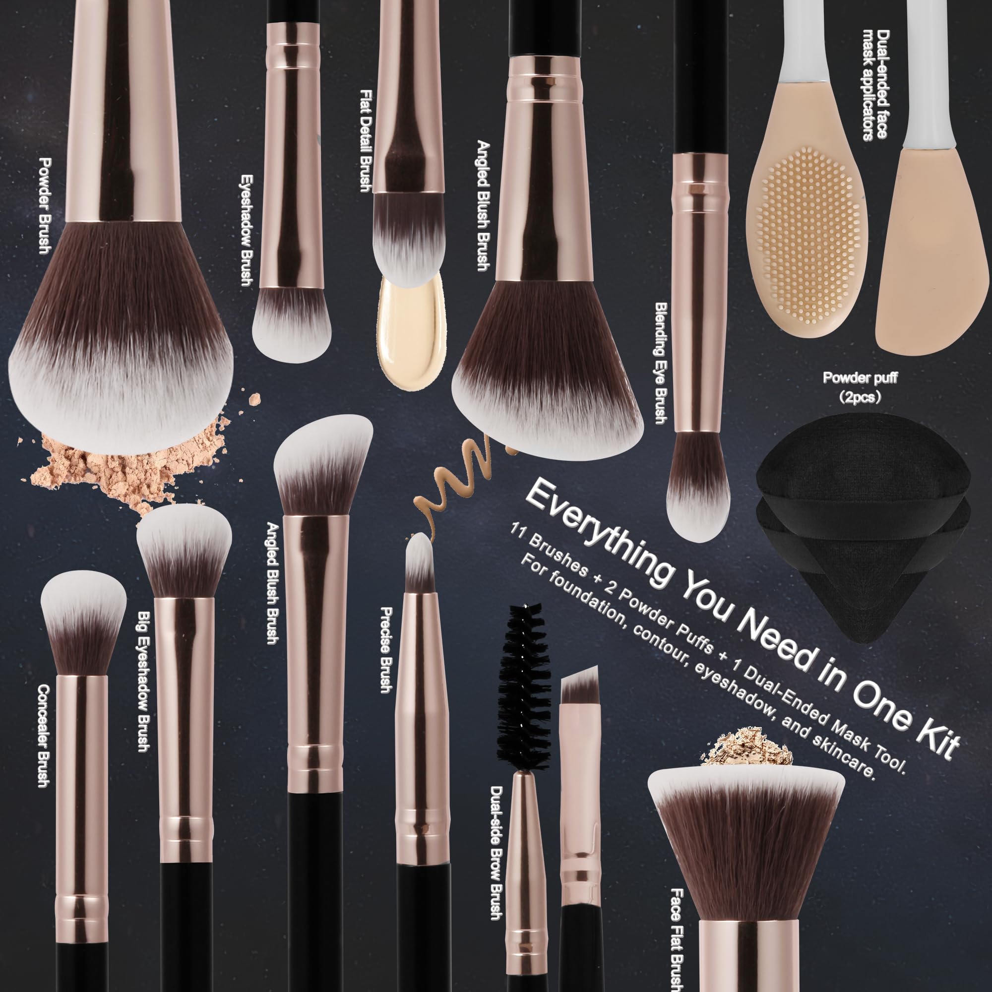 Black Makeup Brushes Set 14 Pcs Professional, Premium Synthetic Foundation Makeup Brush Concealer Powder Blush Eyeshadow Brushes with 2 Powder Puff & Dual-ended Mask Applicator.Gifts for Girls
