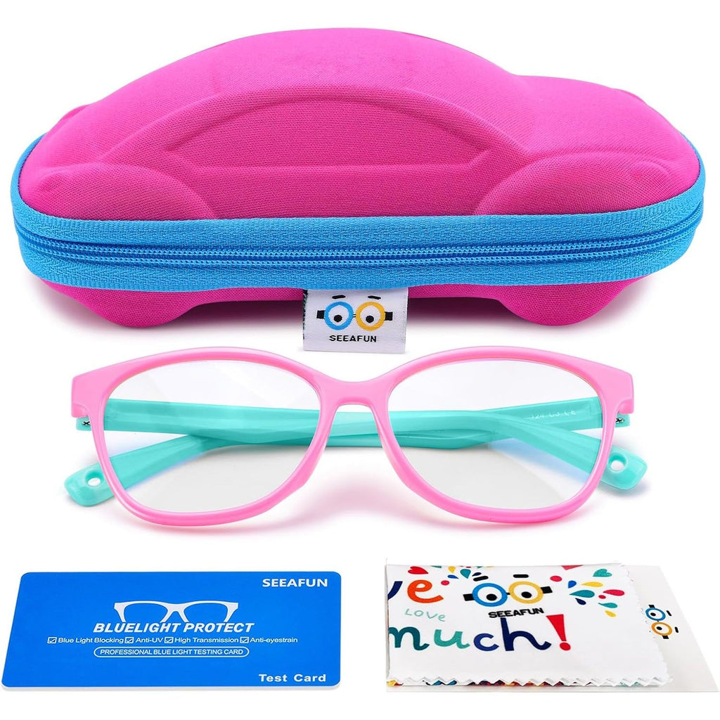 Buy now Blue Light Glasses for Kids Girls Boys with Cute Car Case, UV400 Protection, Anti Blue Ray Age3-12 Pink Green at indiglob india