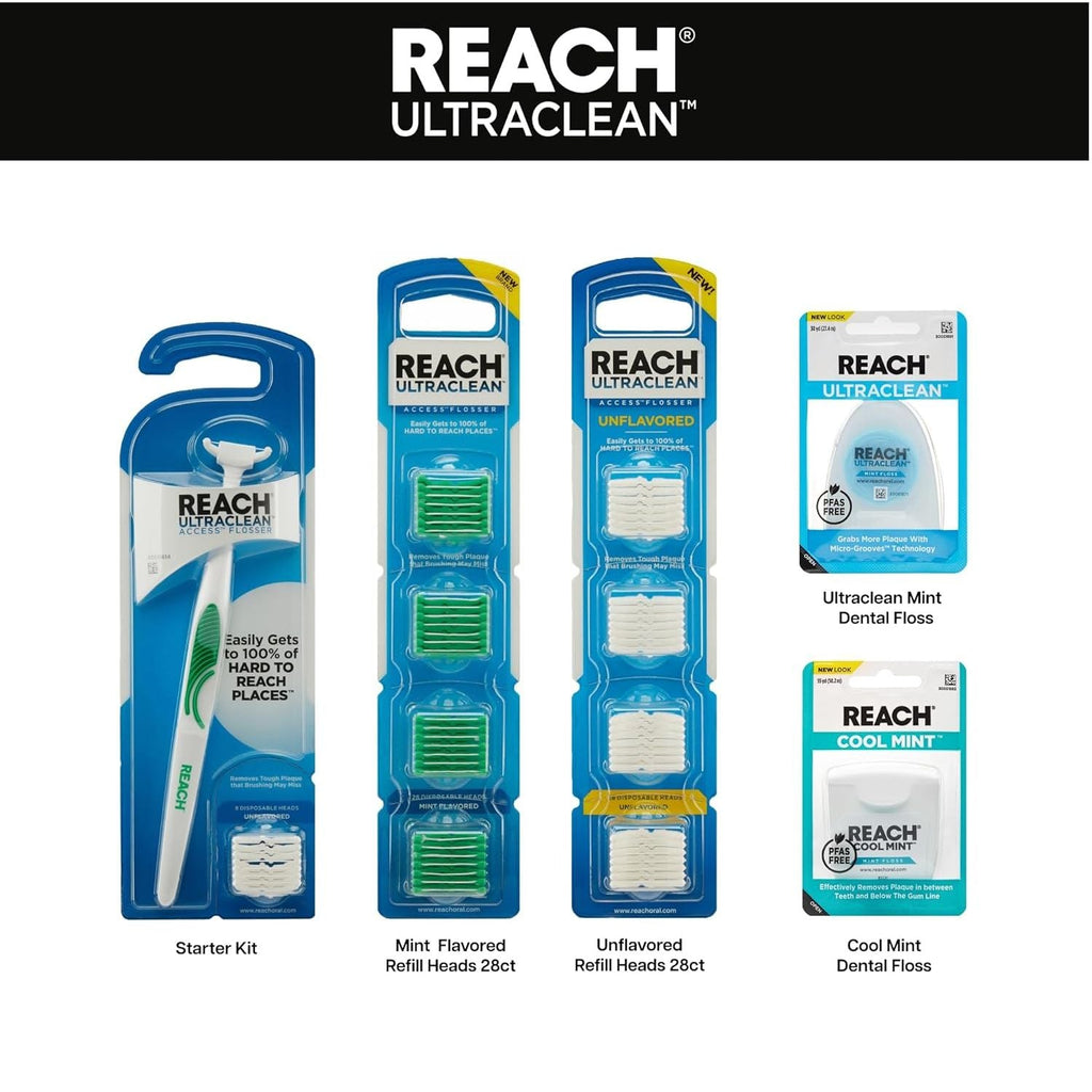 Buy now REACH Ultraclean Access Flosser Refill Heads, Mint, Plaque Remover for Teeth, Shred Resistant, for Hard to Reach Areas, Oral Care, PFAS Free, for Adults & Kids, 1 Pack, 28 Count at indiglob india