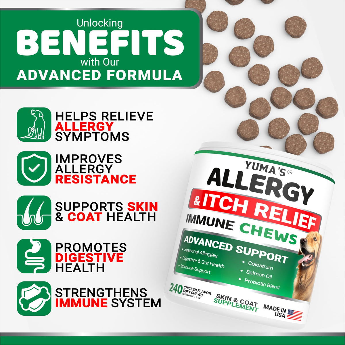 Dog Allergy Chews for Itchy Skin - 240 Treats - Anti-Itch Immune Relief