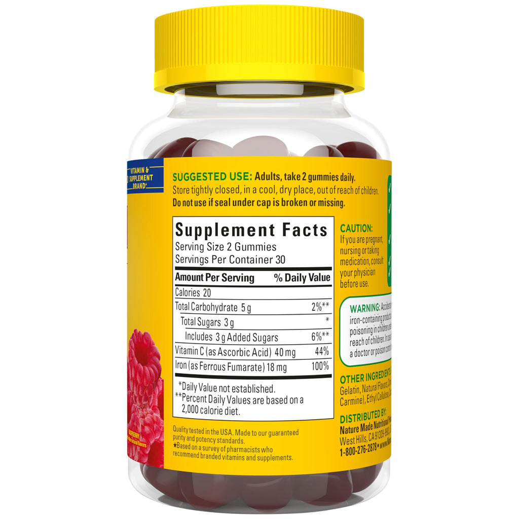 Nature Made Iron 18 mg per Serving Gummies with Vitamin C, 60 Gummies | Iron Supplement for Red Blood Cell Support, Vitamin C Helps with Iron Absorption, Raspberry Flavor, 30 Day Supply