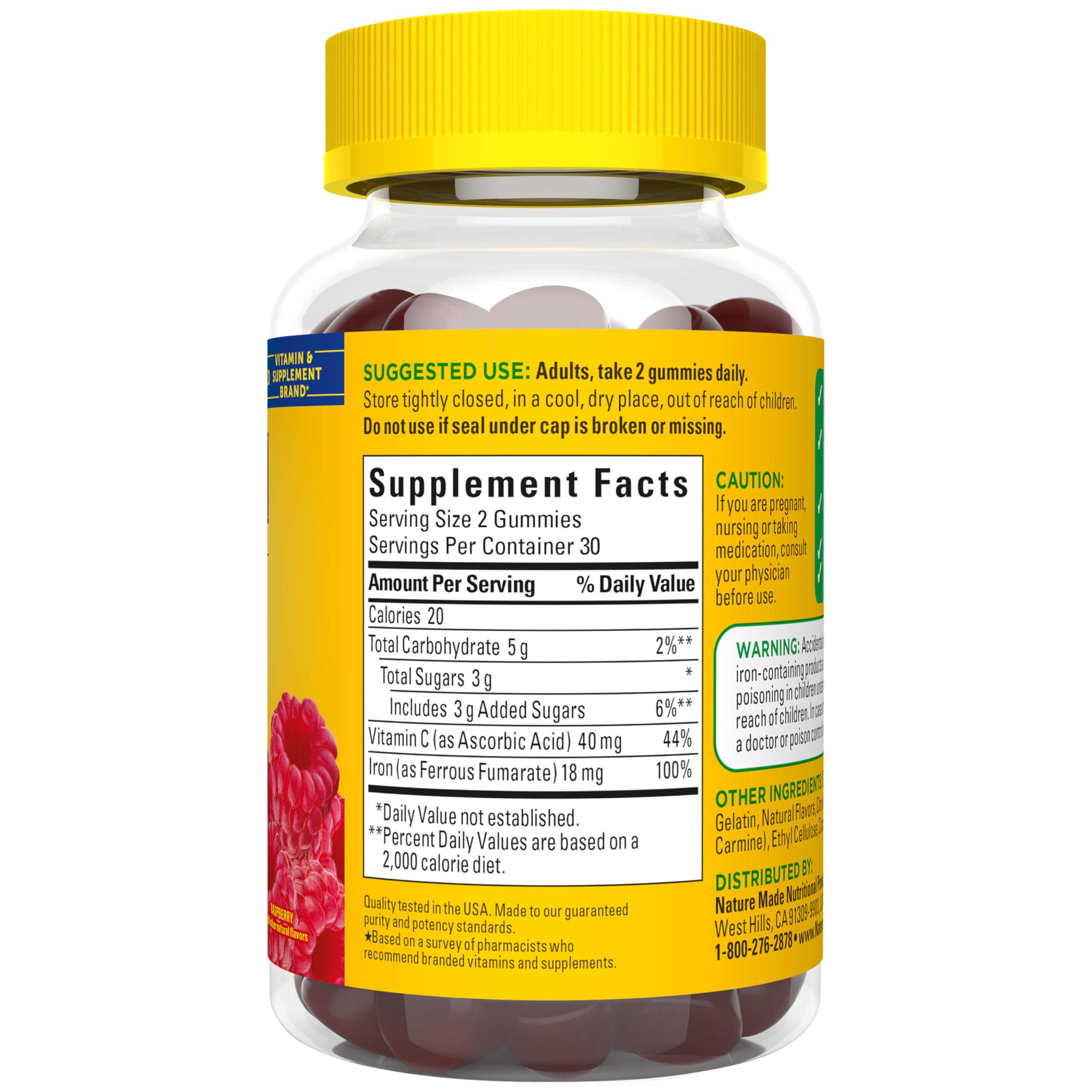 Nature Made Iron 18 mg per Serving Gummies with Vitamin C, 60 Gummies | Iron Supplement for Red Blood Cell Support, Vitamin C Helps with Iron Absorption, Raspberry Flavor, 30 Day Supply