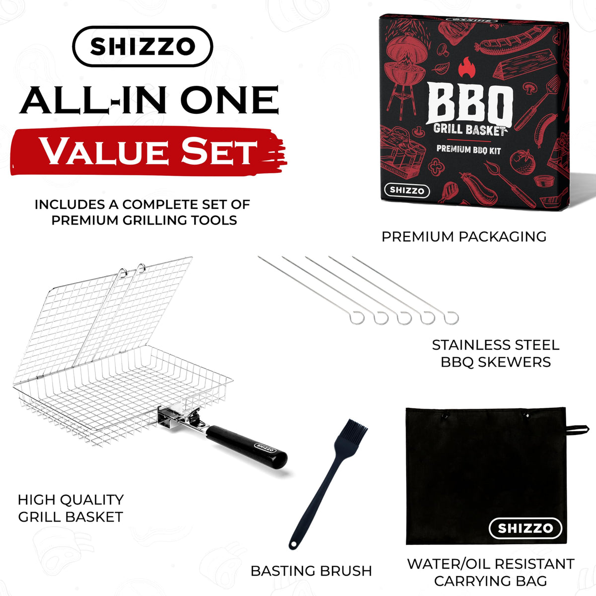 SHIZZO Grill Basket Gift Set with Skewers, Basting Brush, Gift Box