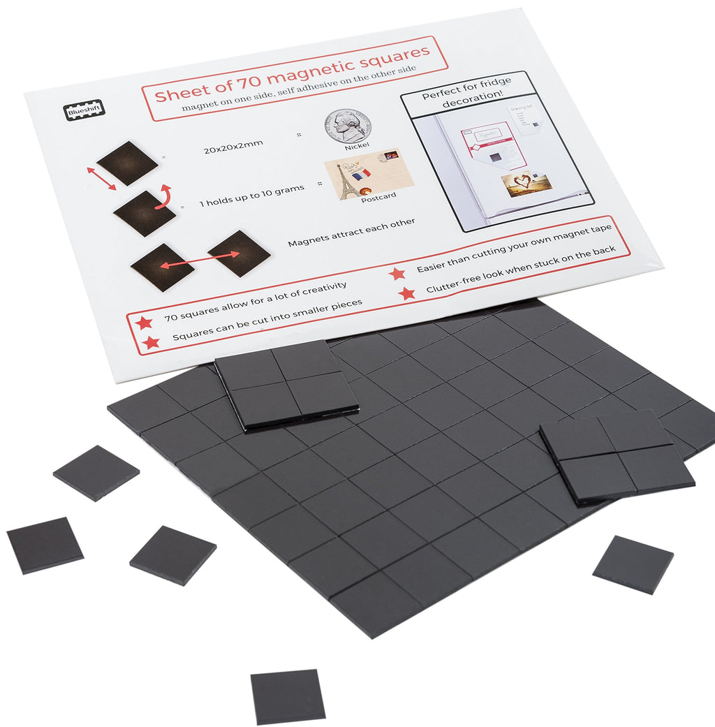 Magnefic Magnetic Squares, 1 Tape Sheet of 70 Magnetic Squares (Each 20x20x2mm), Magnet on one Side, Self Adhesive on the Other Side. Perfect for Fridge Organisation, Art Project, Vision Board