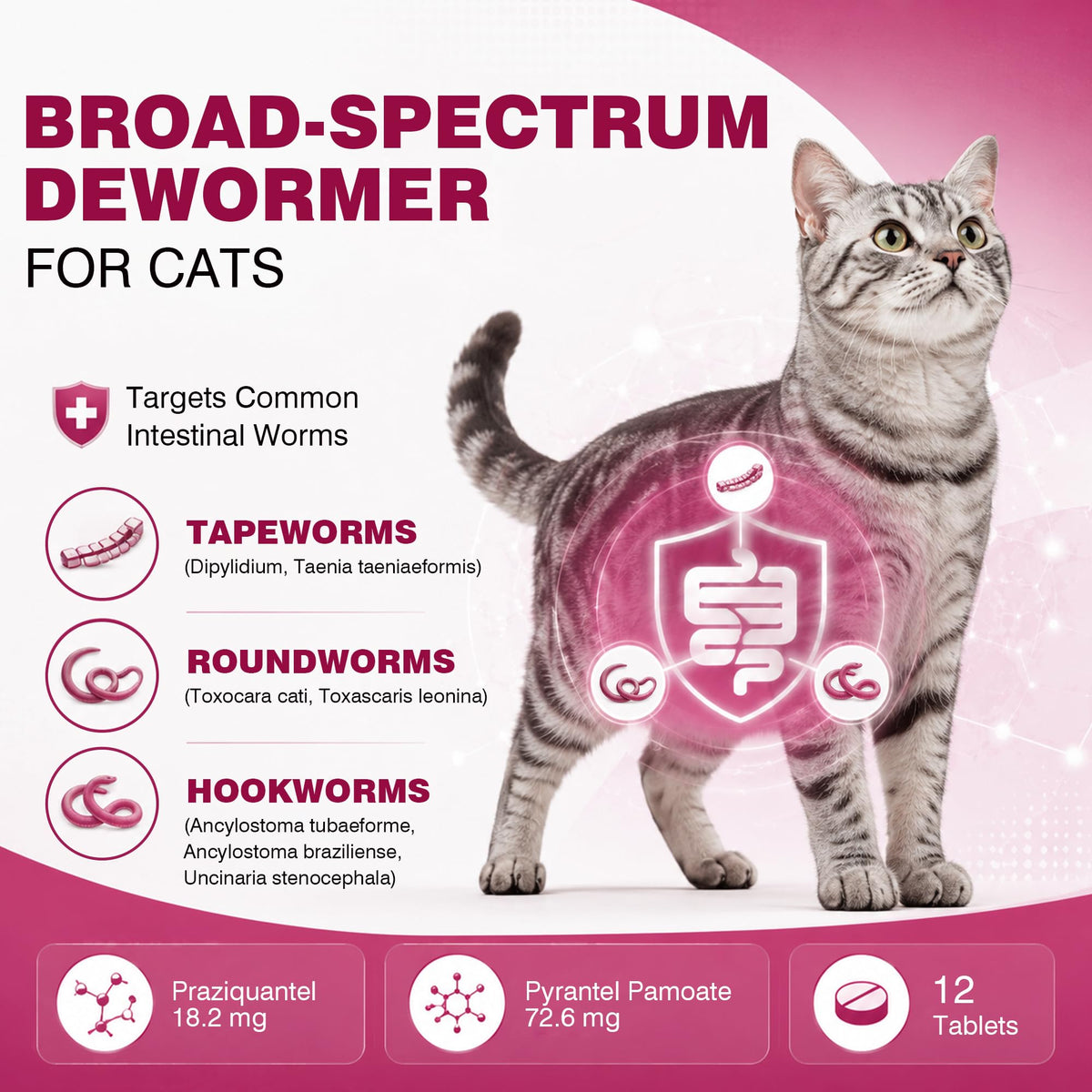 Broad-Spectrum Dewormer for Cats and Kittens (Praziquantel, Pyrantel Pamoate) for Tapeworms, Roundworms and Hookworms, 12 Tablets