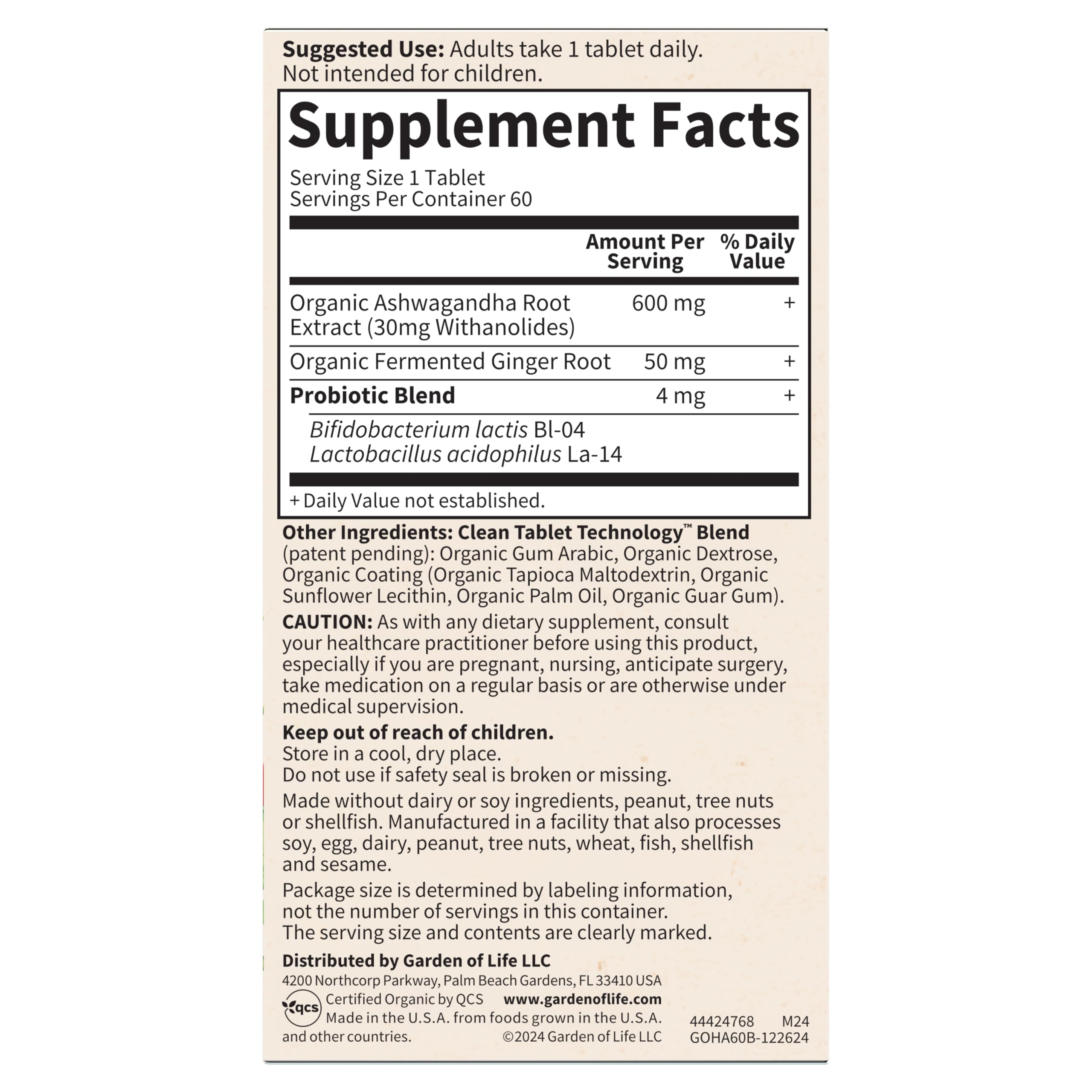 Garden of Life Organic Ashwagandha Supplement with Probiotics & Ginger - Stress, Mood & Energy Support, Vegan, Gluten Free, Non GMO, 2 Month Supply, 60 Tablets