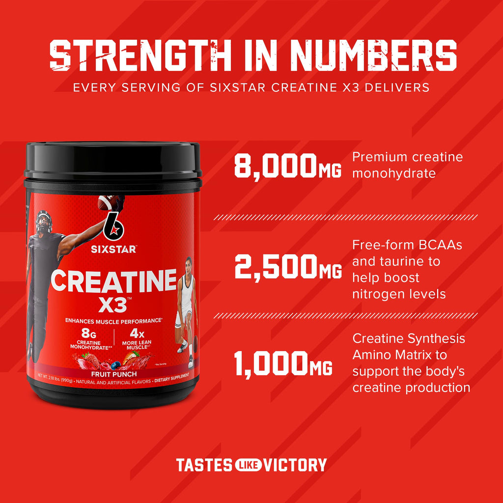 Six Star Creatine Monohydrate Powder, X3 (Fruit Punch) - 30 Servings | Flavored Creatine Powder Monohydrate Supplement for Muscle Building & Performance, Post Workout Supplement for Men, Women