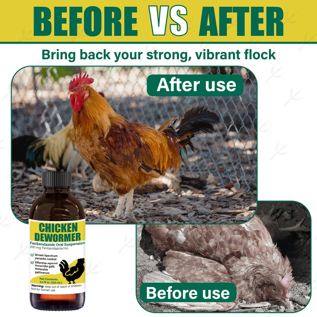 Dewormer for Chickens, Poultry, Fenbendazole for Chicken Dewormers, Tapeworms, Roundworms & Hookworms, with Measuring Syringe, 100ml