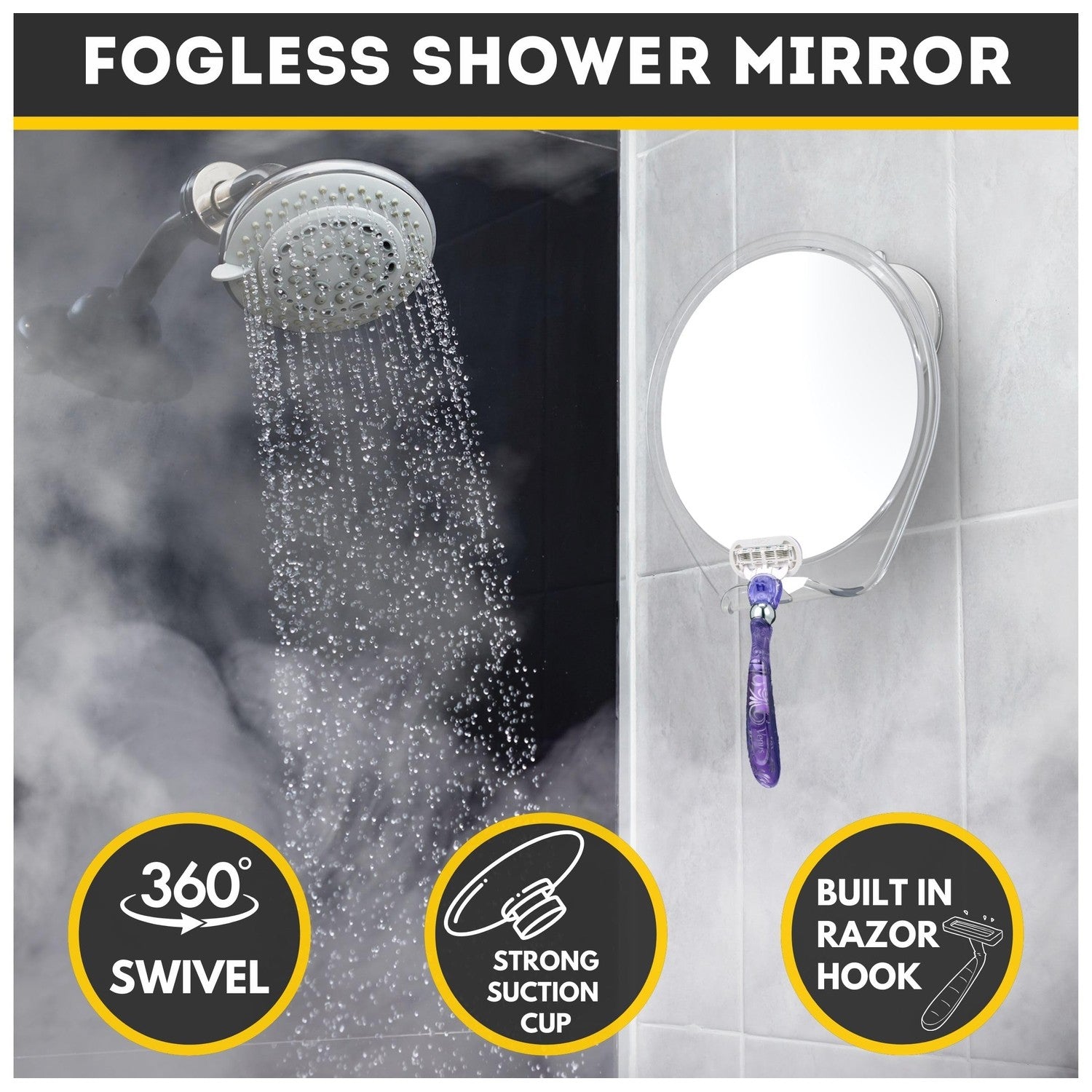 HONEYBULL Fogless Shower Mirror for Shaving with Suction Mount, White | Shatterproof Acrylic Bathroom Accessory With 360 Swivel & Built-in Razor Hook, Clear Reflection in Steam & No-Drill Setup