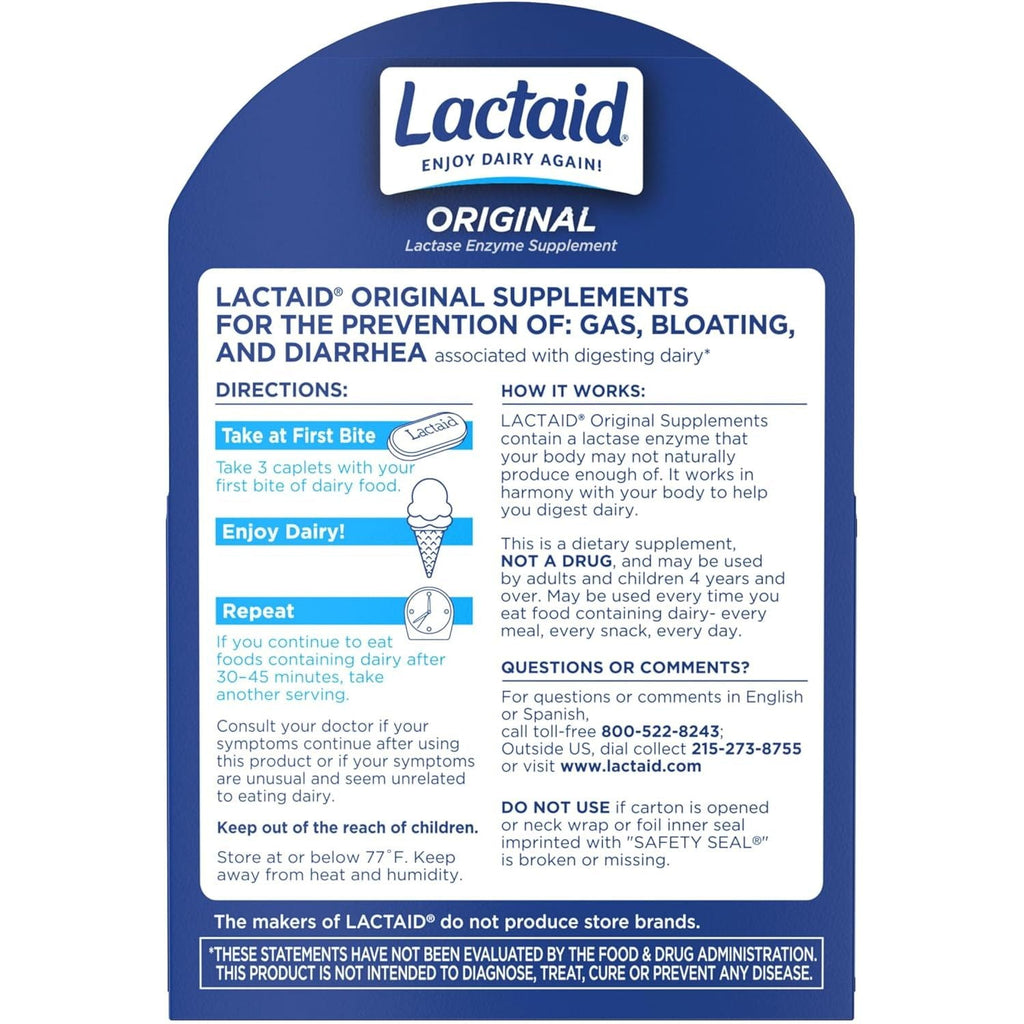 Buy now Lactaid Original Strength Lactose Intolerance Pills, 9000 FCC Natural Lactase Enzyme Dairy Relief Caplets, Helps Prevent Gas, Bloating & Diarrhea Due to Lactose Sensitivity in Adults & Kids, 120 Count at indiglob india