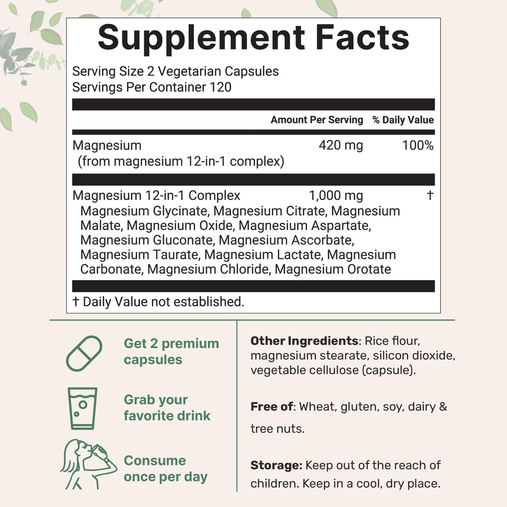 Micro Ingredients 12‑in‑1 Magnesium Complex 1000 mg, 240 Capsules – Magnesium Glycinate, Citrate, Taurate, Malate & More – High Absorption Formula for Men & Women – Chelated & Purified