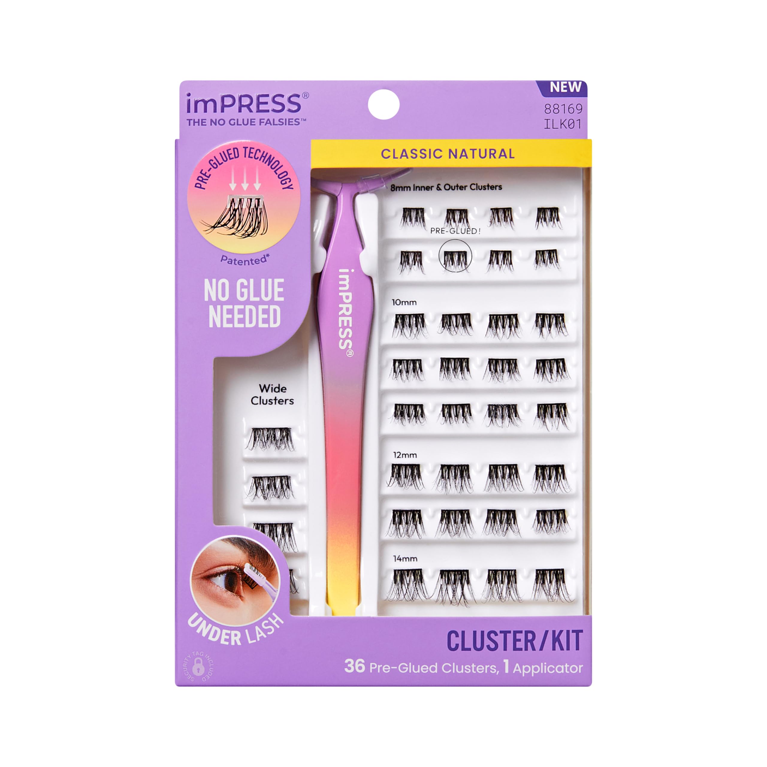 Kiss Impress Falsies Press On Self Adhesive Eyelashes, 12mm-14mm Glam Volume Press On Lashes, Black, No Glue Needed, Invisible Band, 20 Lash Clusters & Non-Stick Applicator - Spiky